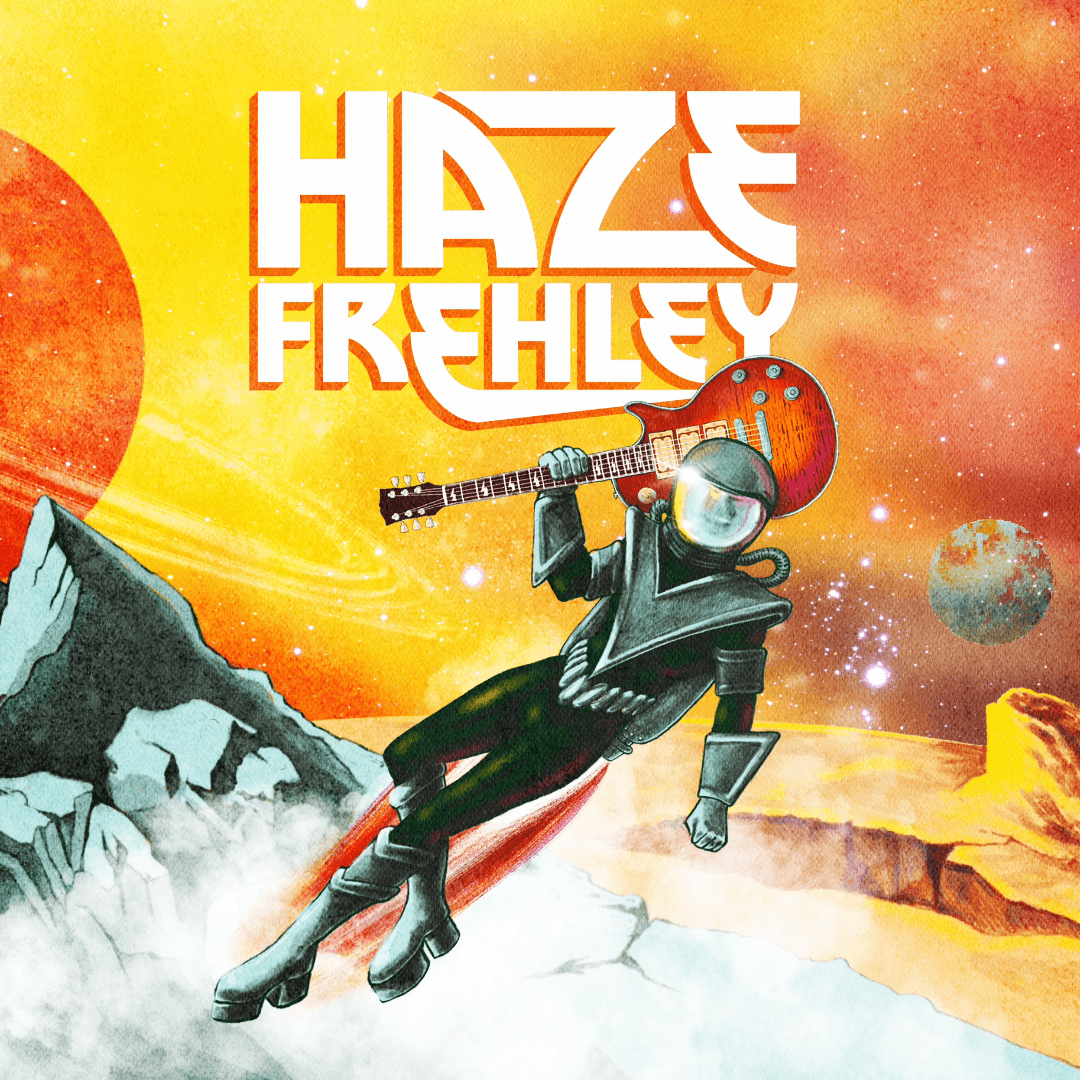 Person in space suit flying with guitar in a colorful alien landscape with planets and mountains.
