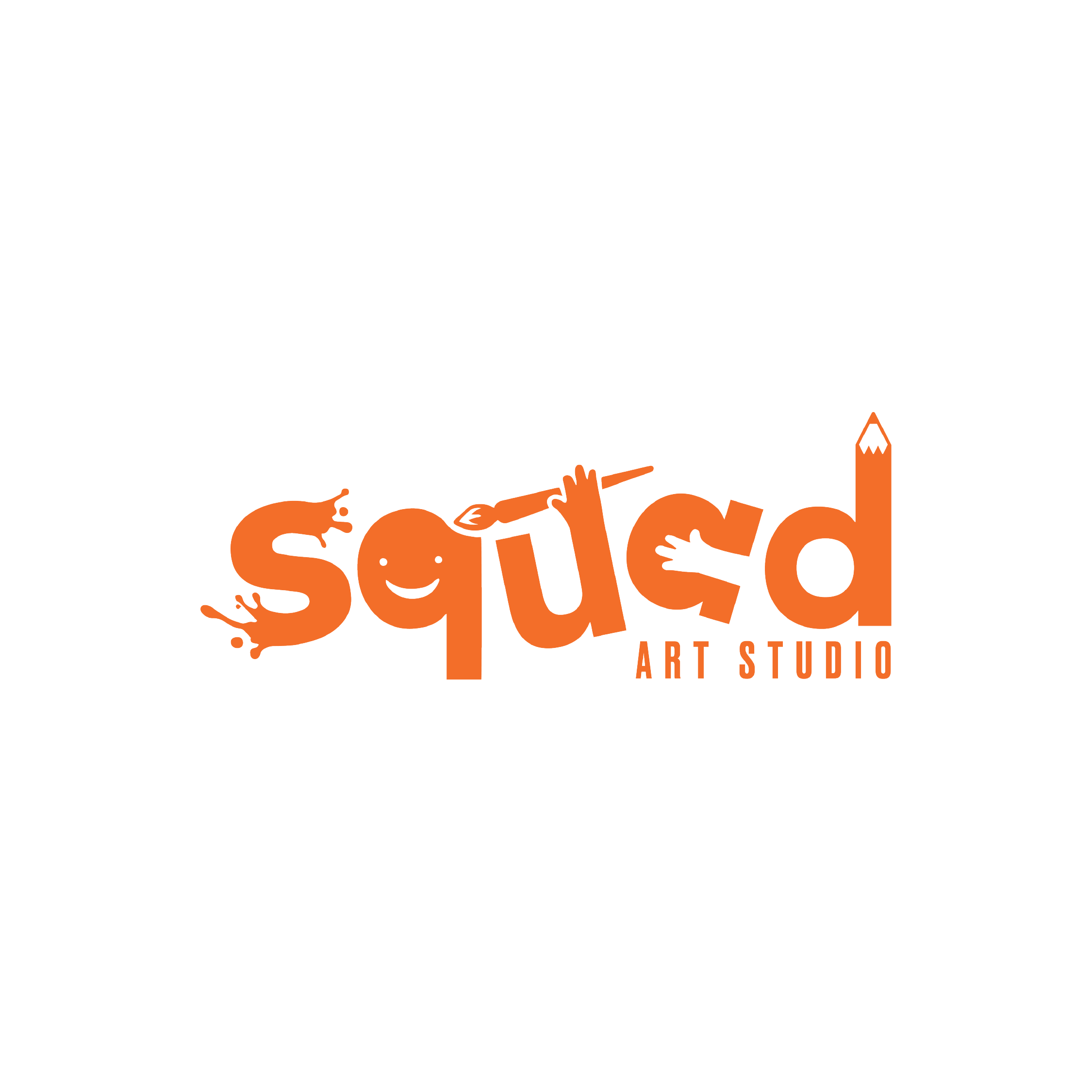 Logo with the word 'squid' in orange, stylized with a smiling face, a hand, and a pencil, and 'ART STUDIO' below.
