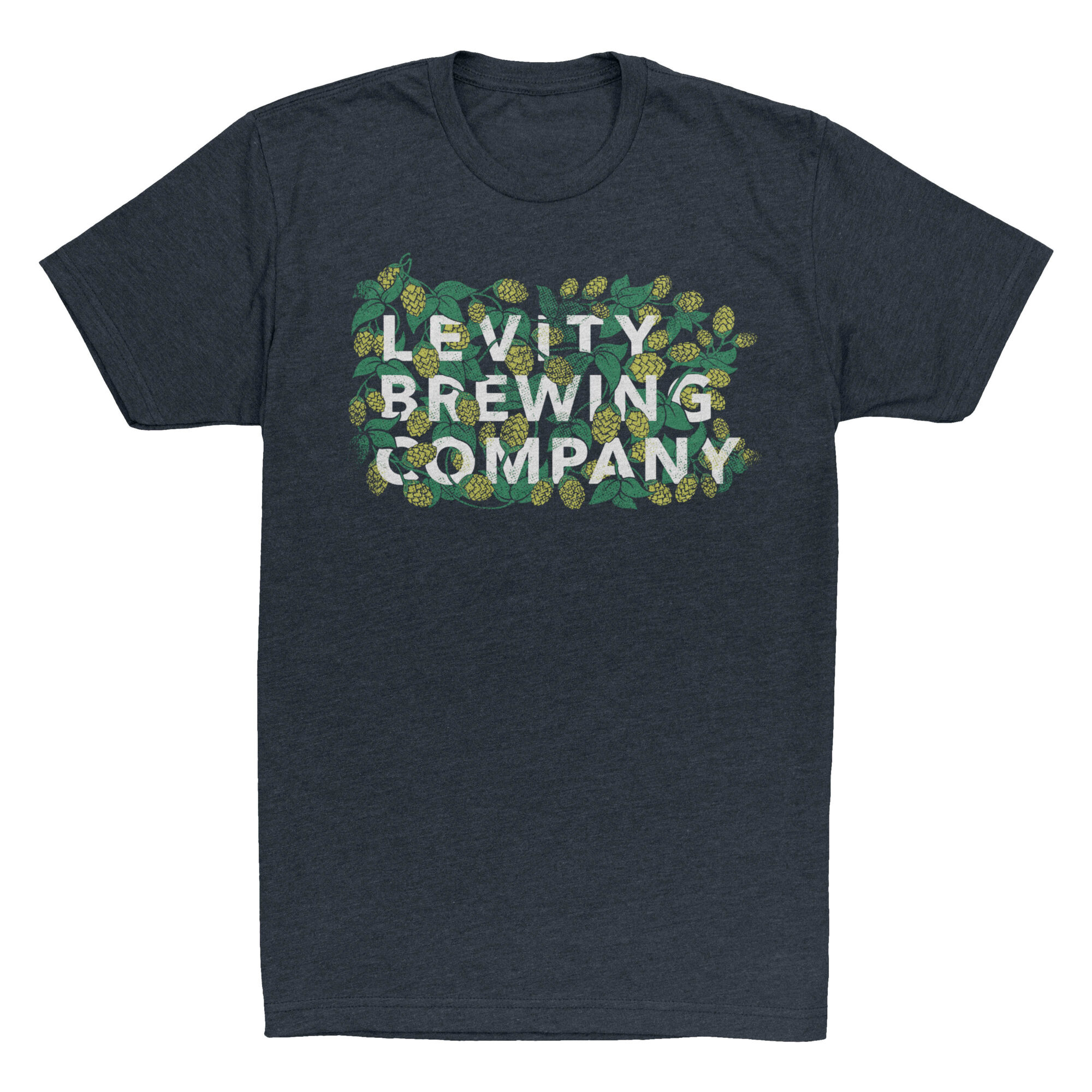 Dark gray T-shirt with a colorful logo reading 'LIVITY BREWING COMPANY' surrounded by green hops and leaves.