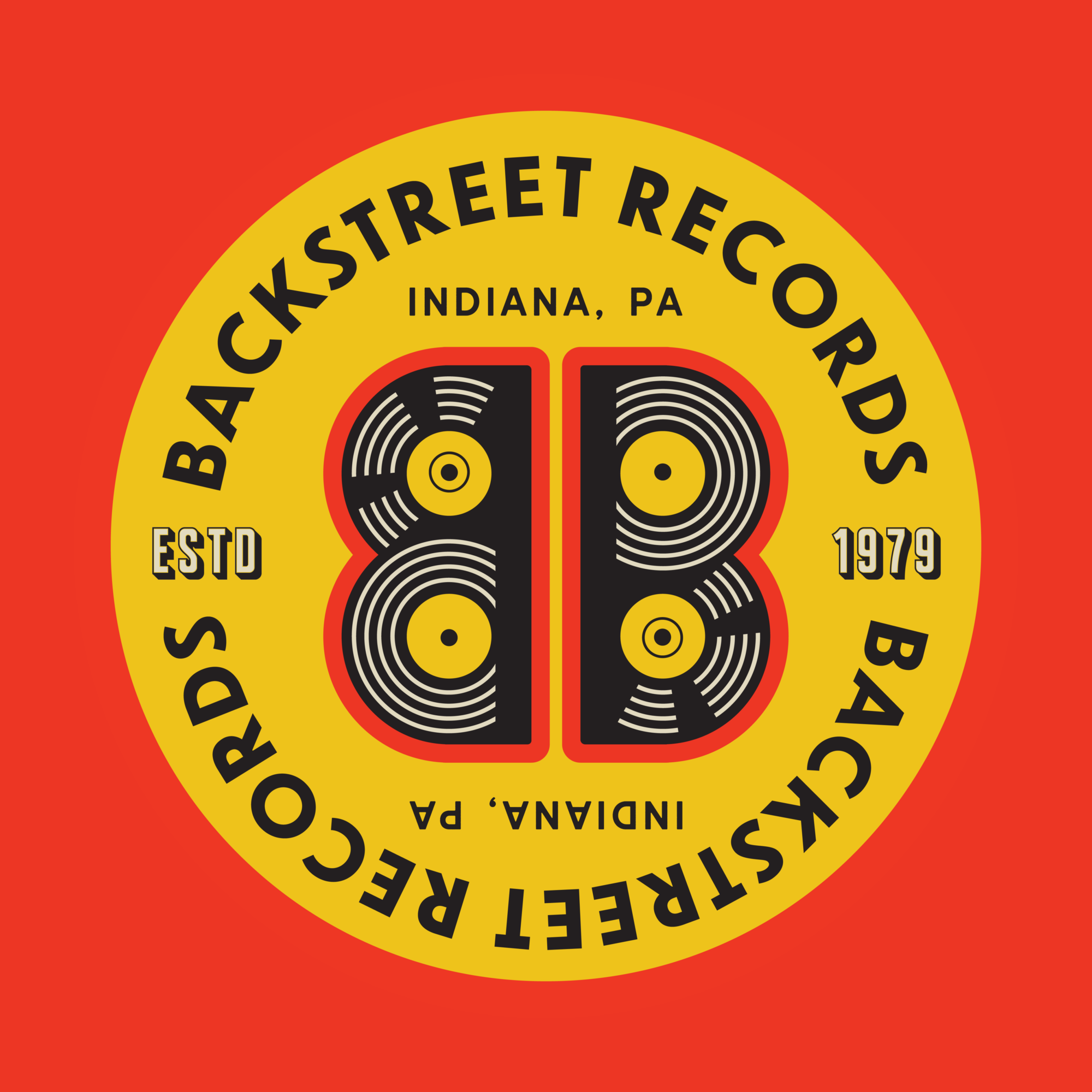 Circular logo with yellow background, black text, and vinyl record graphics, reading 'Backstreet Records Indiana, PA EST 1979'.
