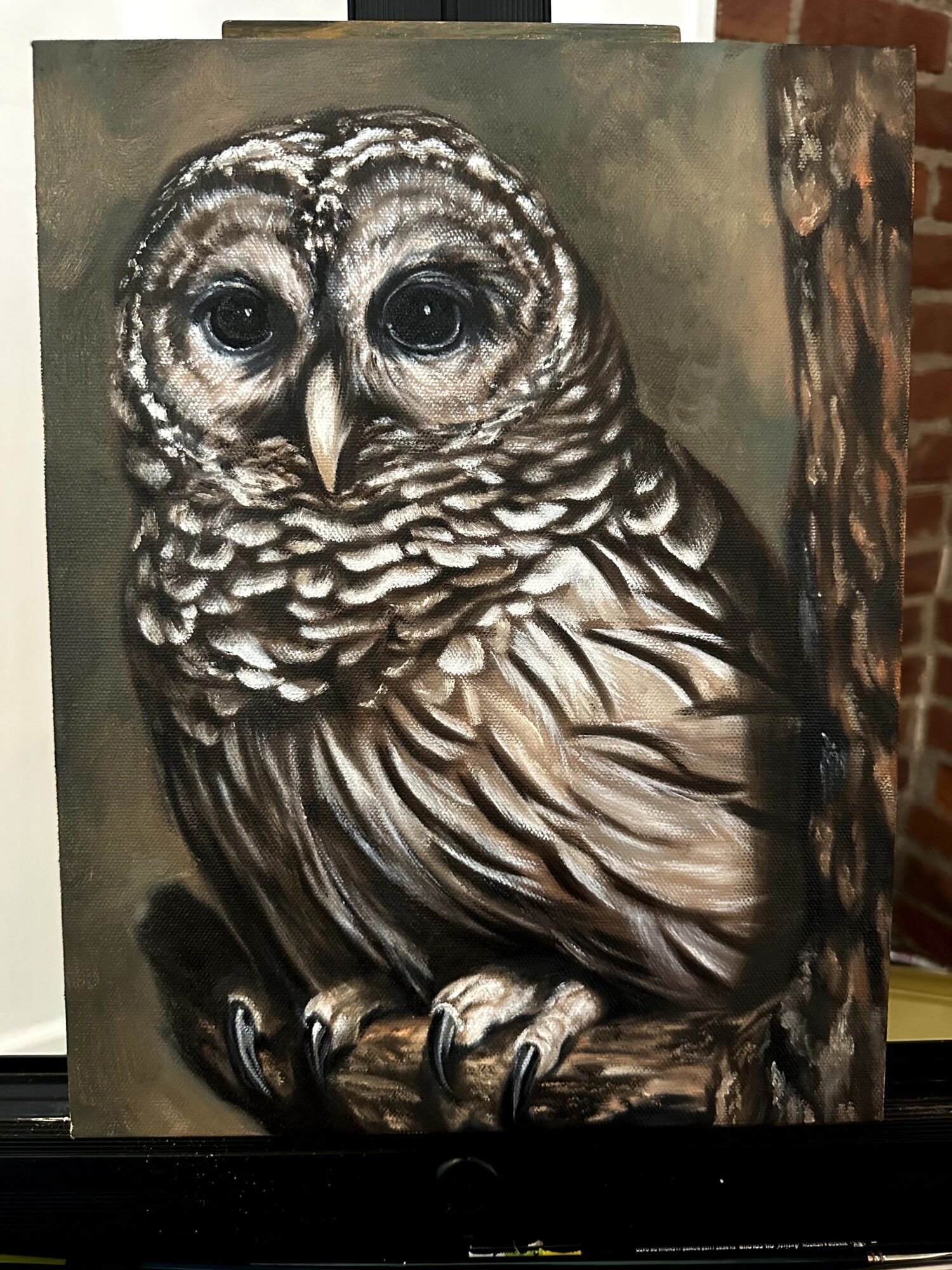 Realistic painting of an owl perched on a branch, detailed feathers, large eyes, neutral background.