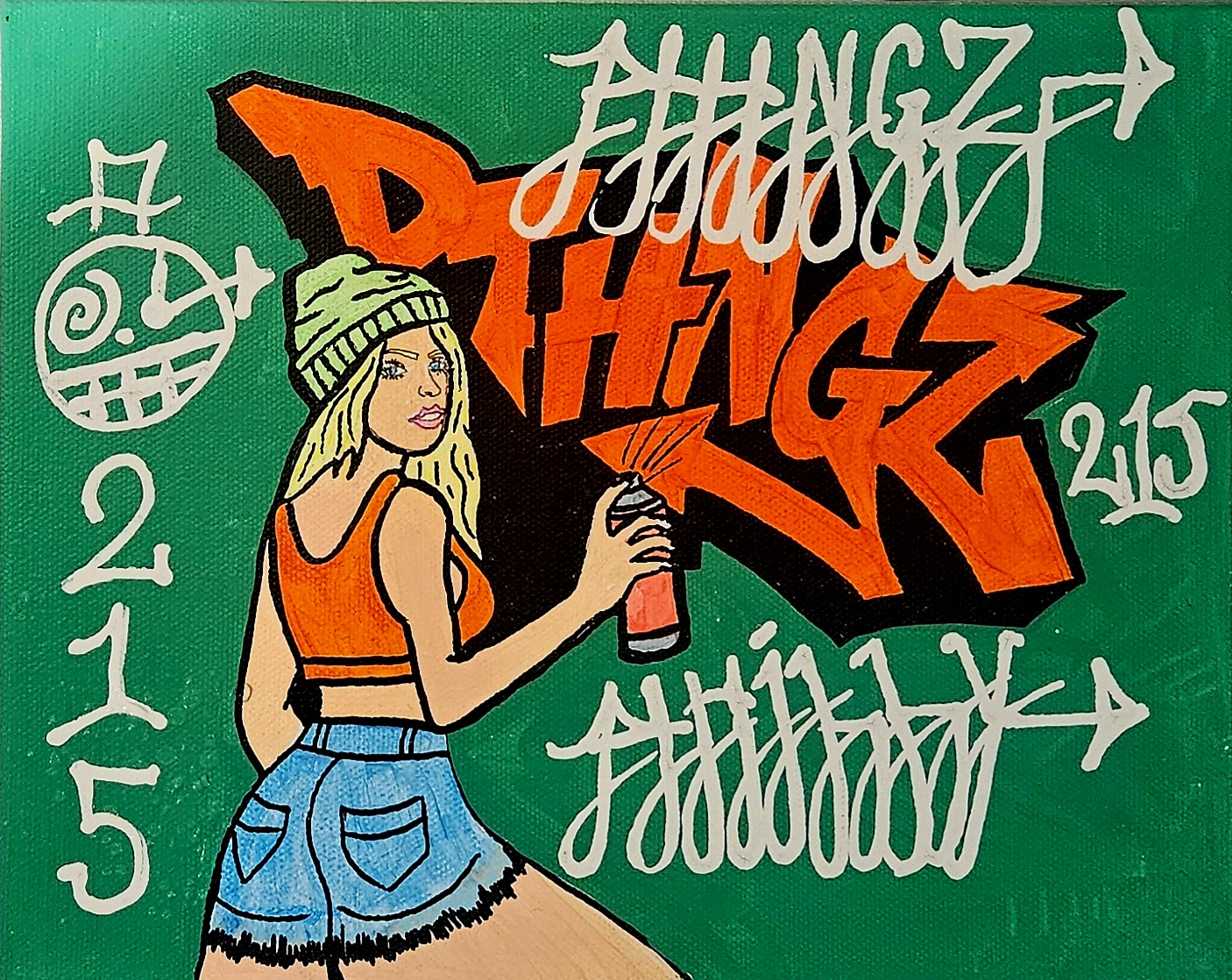 Girl with long hair in a beanie holding a spray can, graffiti with bold orange and black text, green background.
