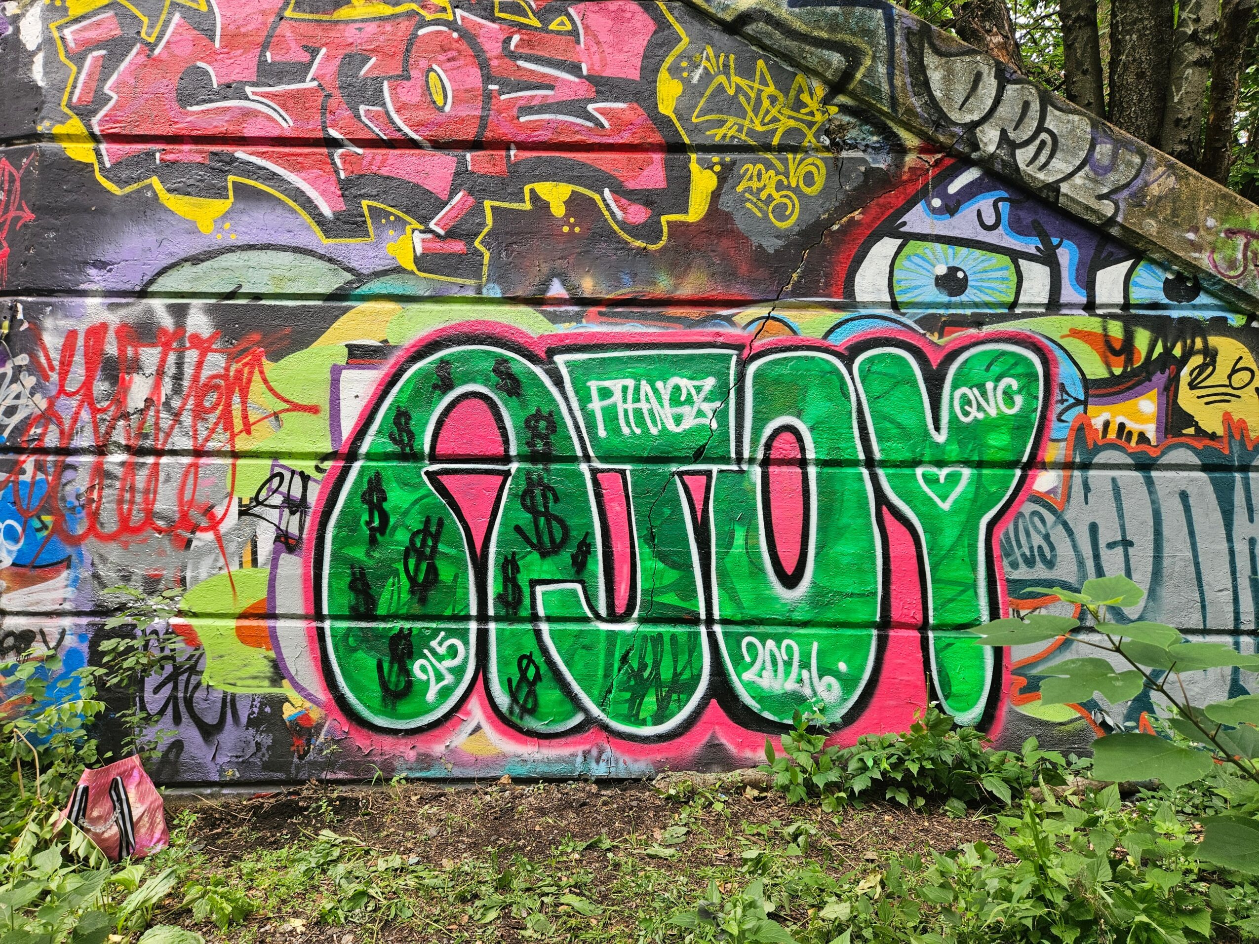 Colorful graffiti with large green and pink letters spelling 'JOY' on a wall, surrounded by various tags and designs.