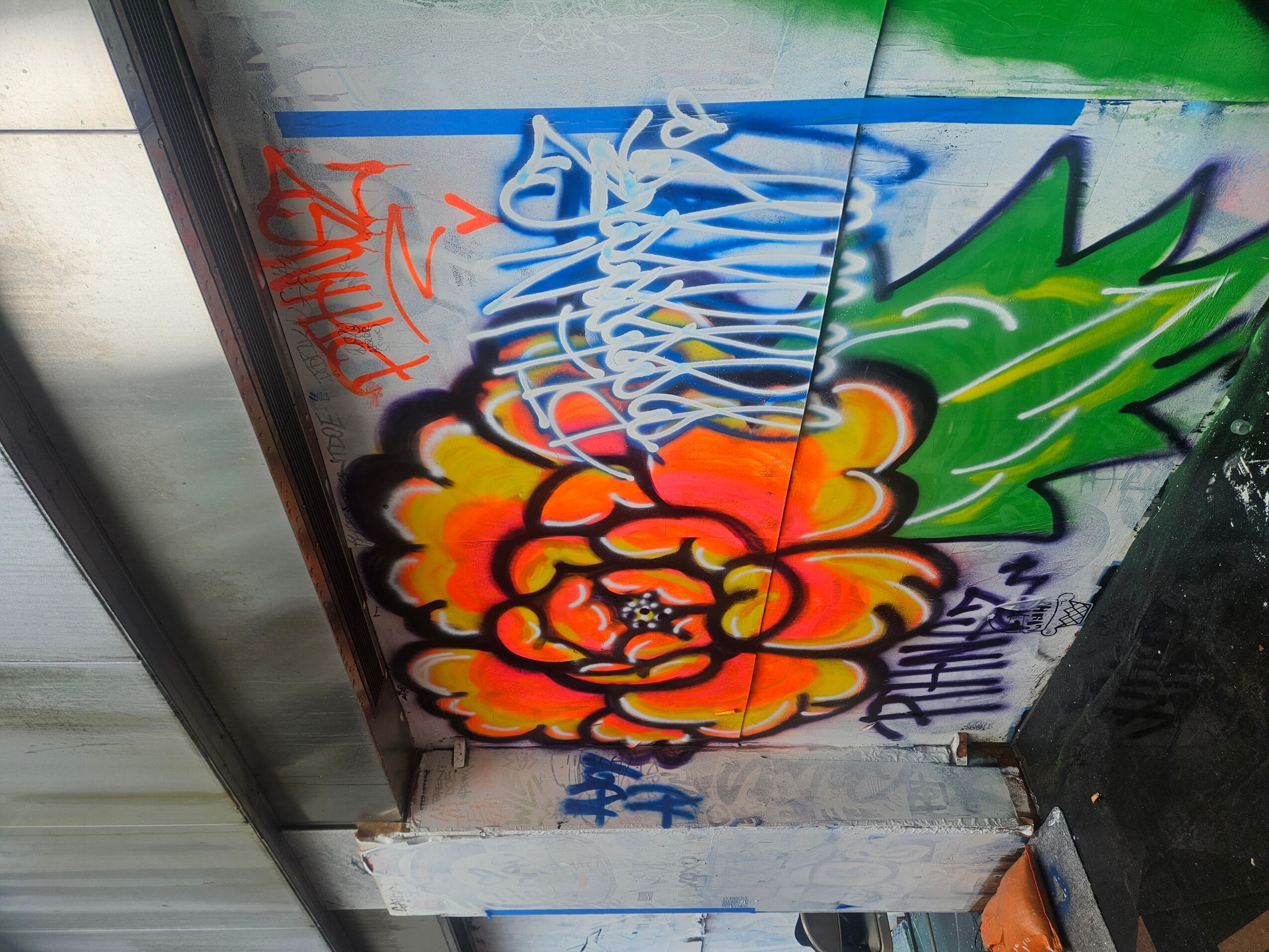 Colorful graffiti with a large orange and yellow flower, green and blue shapes, and various tags on a wall.