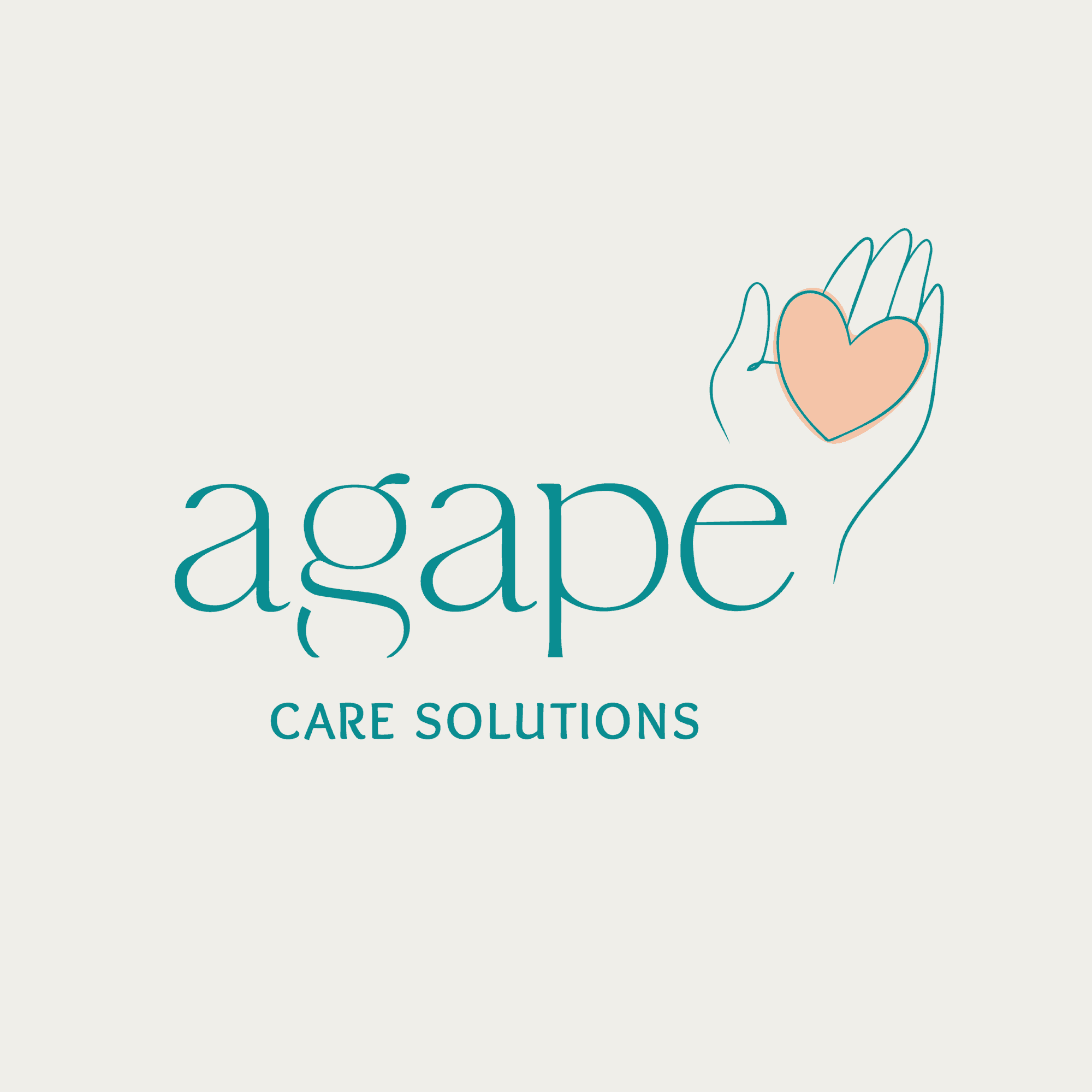 Logo with the word 'agape' and a hand holding a heart, with 'CARE SOLUTIONS' below, on a light background.