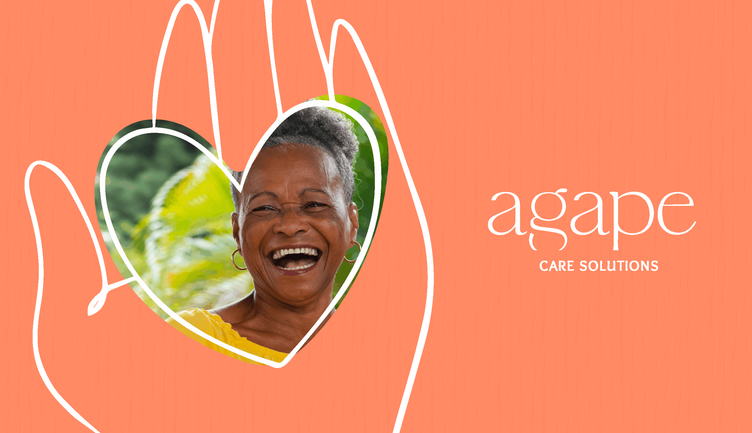 Smiling woman with short hair inside a heart-shaped frame, on a peach background with white line drawing of a hand, and the text 'agape CARE SOLUTIONS'.