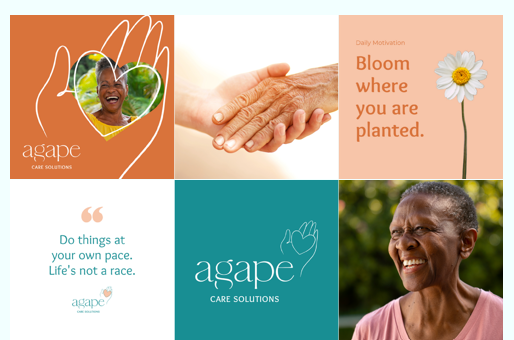 Six-panel collage with a smiling woman, hands holding, daisy flower, quote, logo, and woman smiling outdoors.