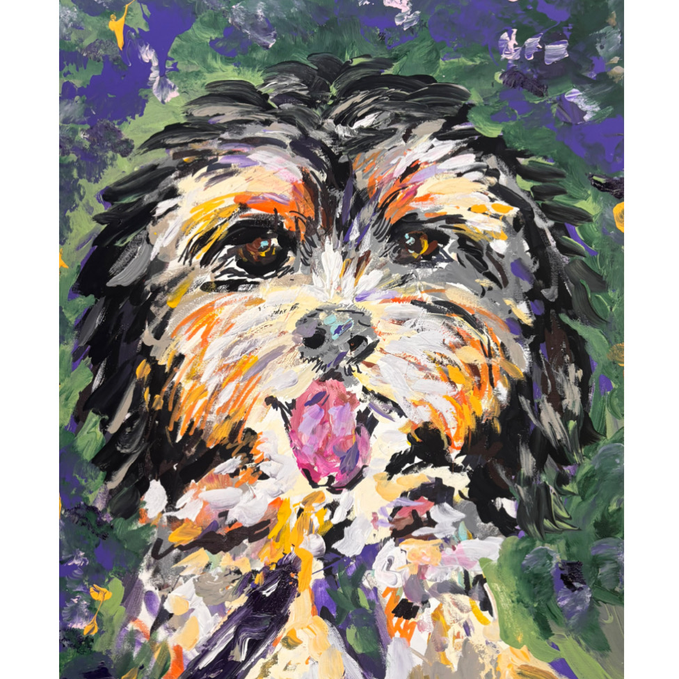 Colorful painting of a dog with a pink tongue, surrounded by purple and green background, expressive brushstrokes.