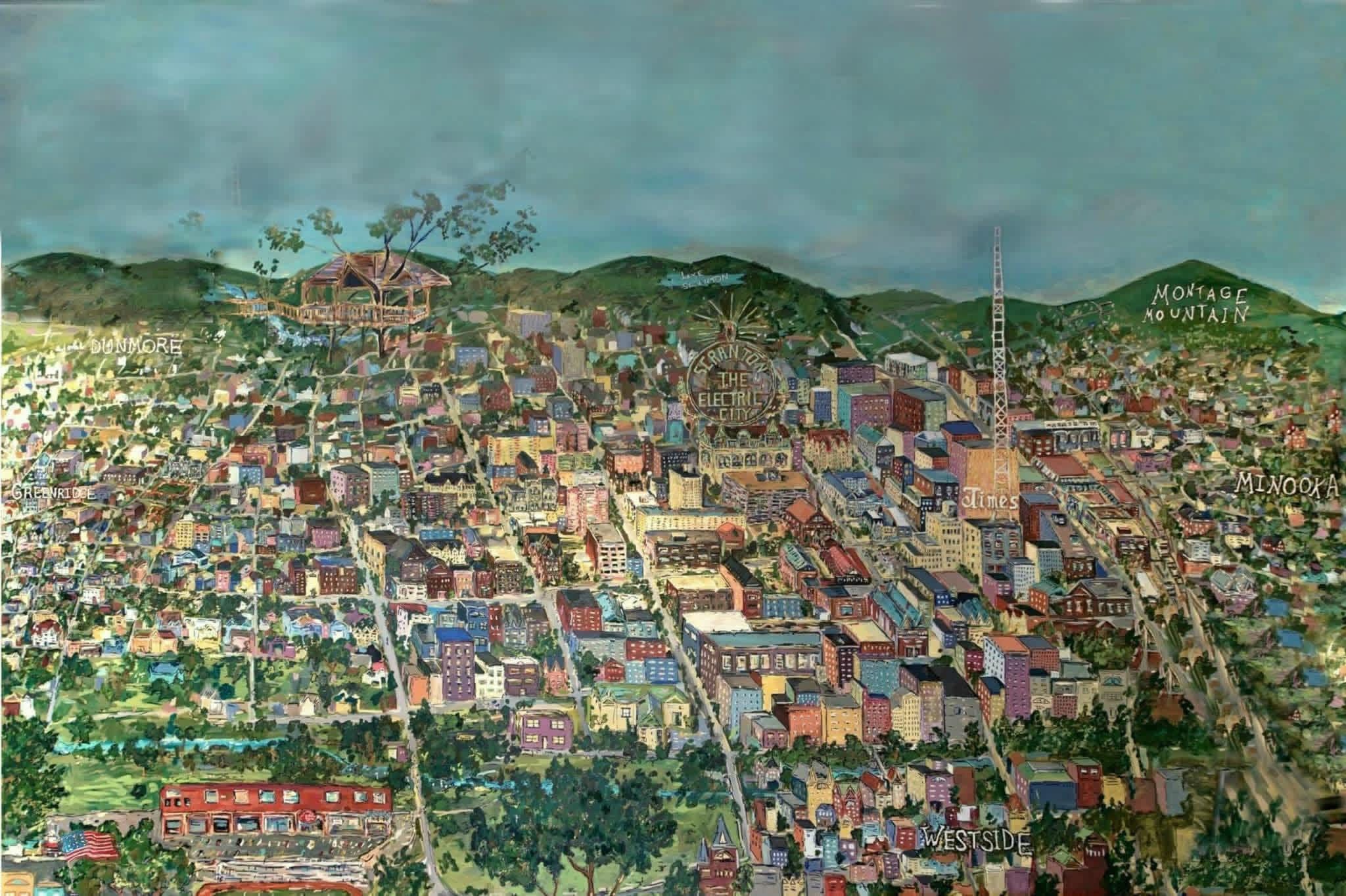 A detailed cityscape with numerous buildings, hills in the background, and a cloudy sky.