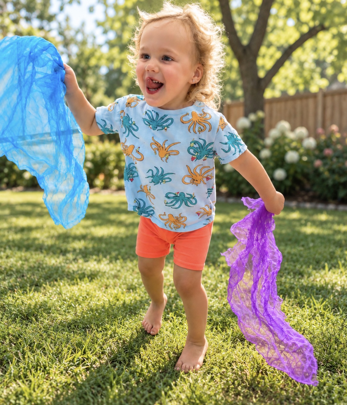 Child playing outdoors with colorful scarves, smiling, in a sunny garden with trees and flowers.