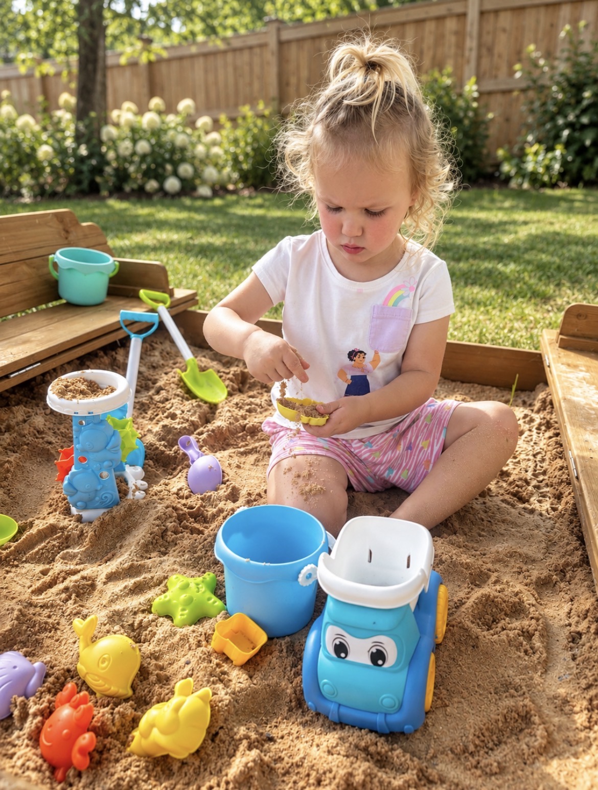 Young girl playing in sandbox with toys, outdoors, with a wooden fence and greenery in background.