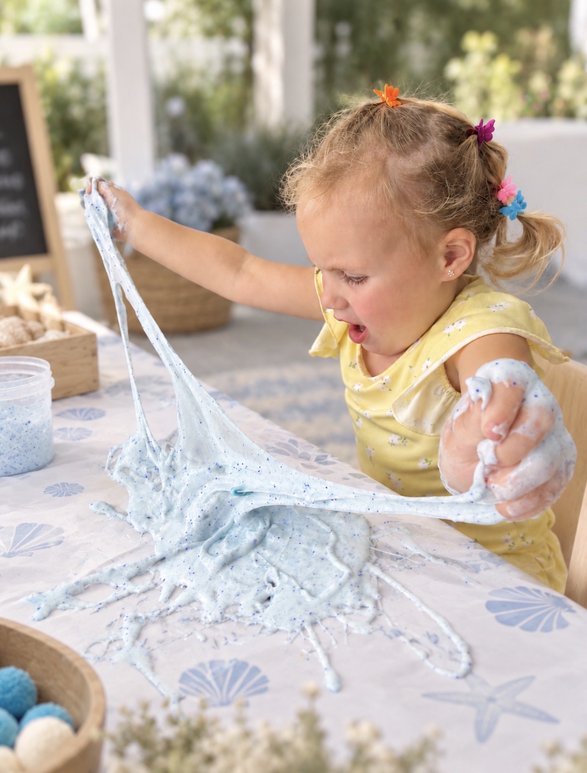 Young girl with colorful hair clips playing with foam on a table indoors, with a bright background and plants. Word count: 20