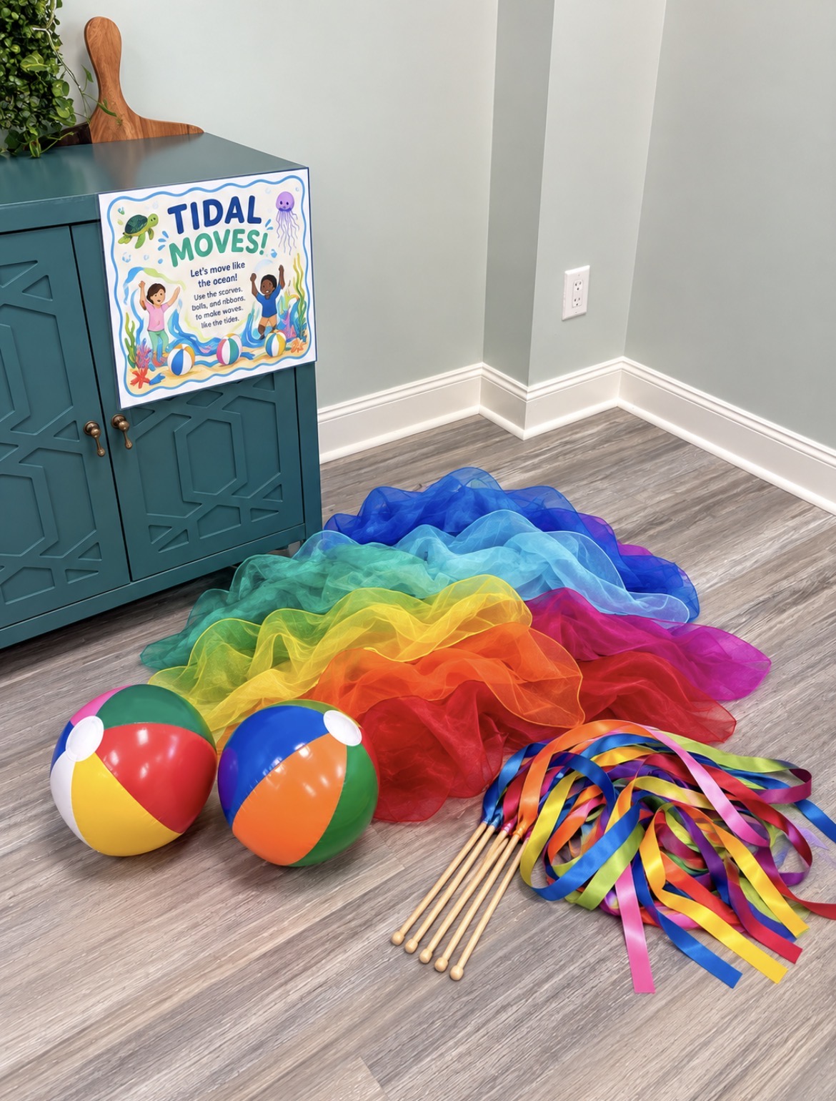 Colorful rainbow tulle fabric, two beach balls, rainbow ribbons, and wooden sticks on a wooden floor near a teal cabinet with a Tidal Moves sign.