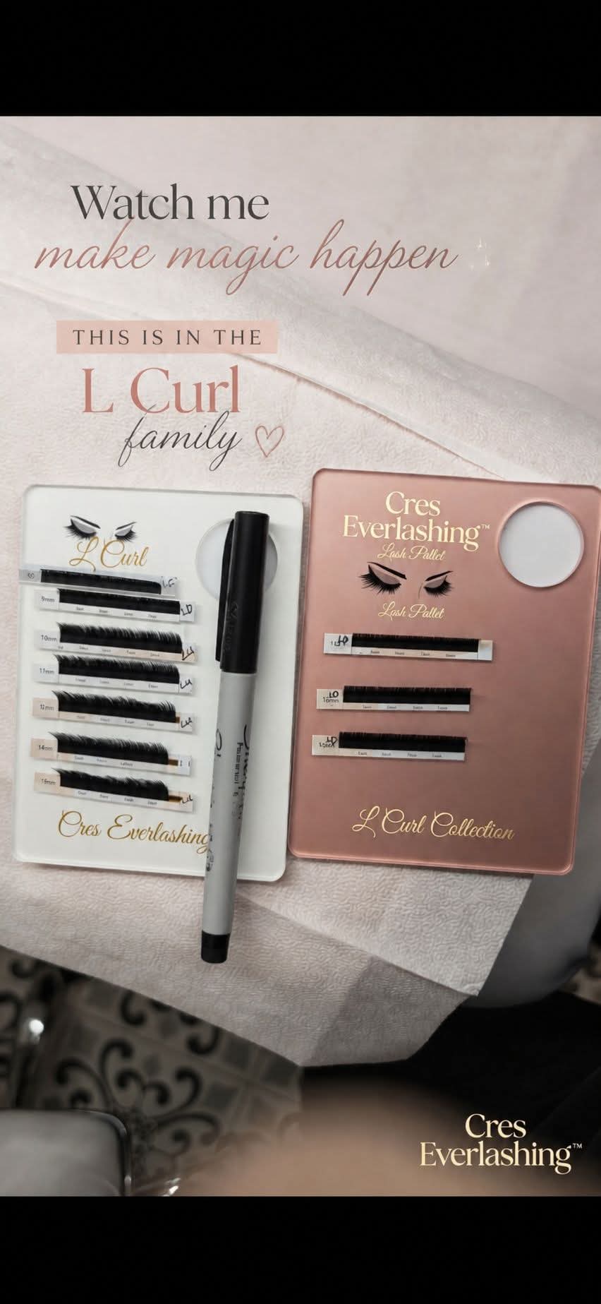 Open eyelash extension kit with a pen and a card, on a paper with text about making magic happen.