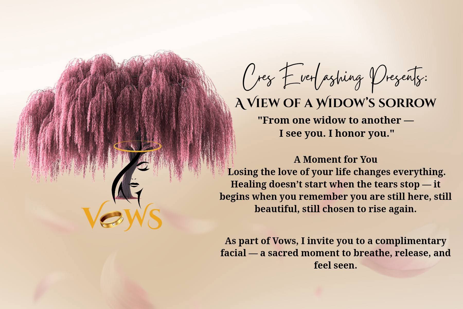 Poem about a widow’s sorrow with pink hair illustration, titled 'Vows,' on a light background.