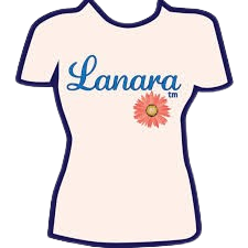 T-shirt with the word 'Lanara' and a pink flower design, white with dark outline, front view.