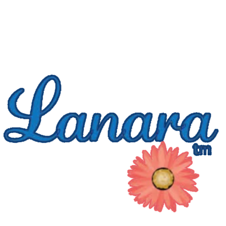 Black background with blue cursive text 'Lanara' and a pink flower with a yellow center.