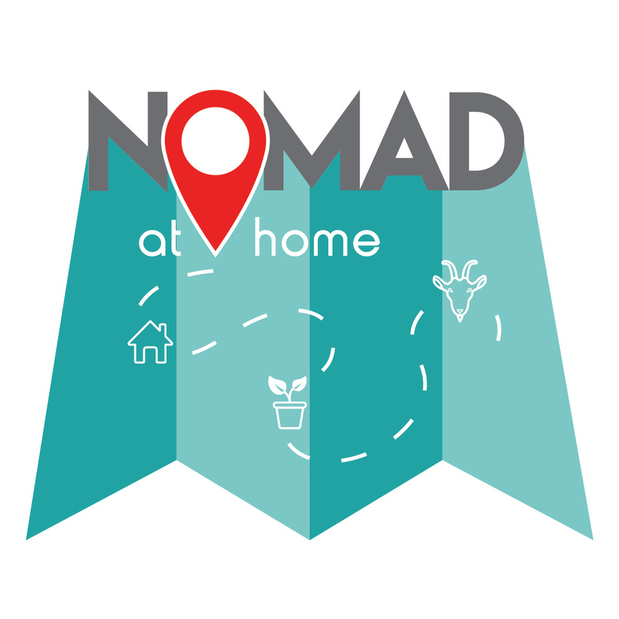Logo with the word NOMAD, a red location pin, and icons of a house, plant, and cactus on a teal background.