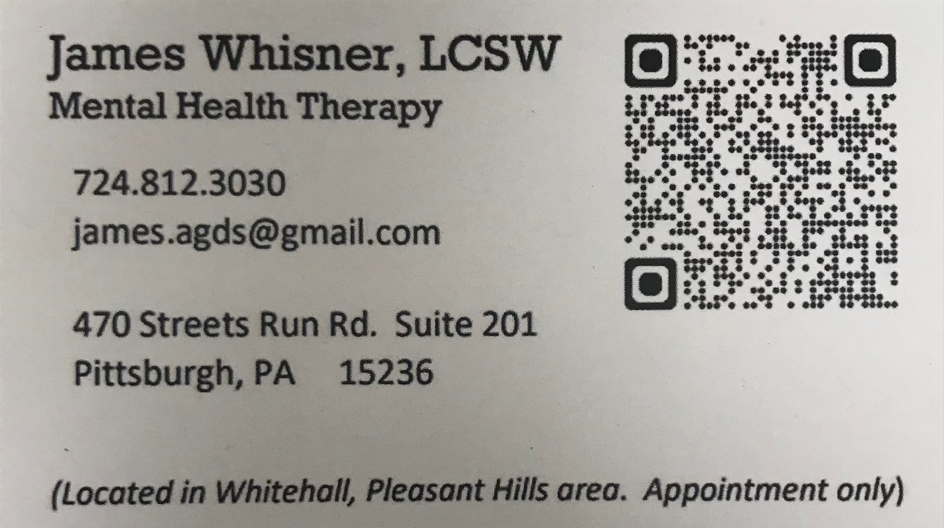 Business card for James Whisner, LCSW, mental health therapy, contact info, address, and QR code.