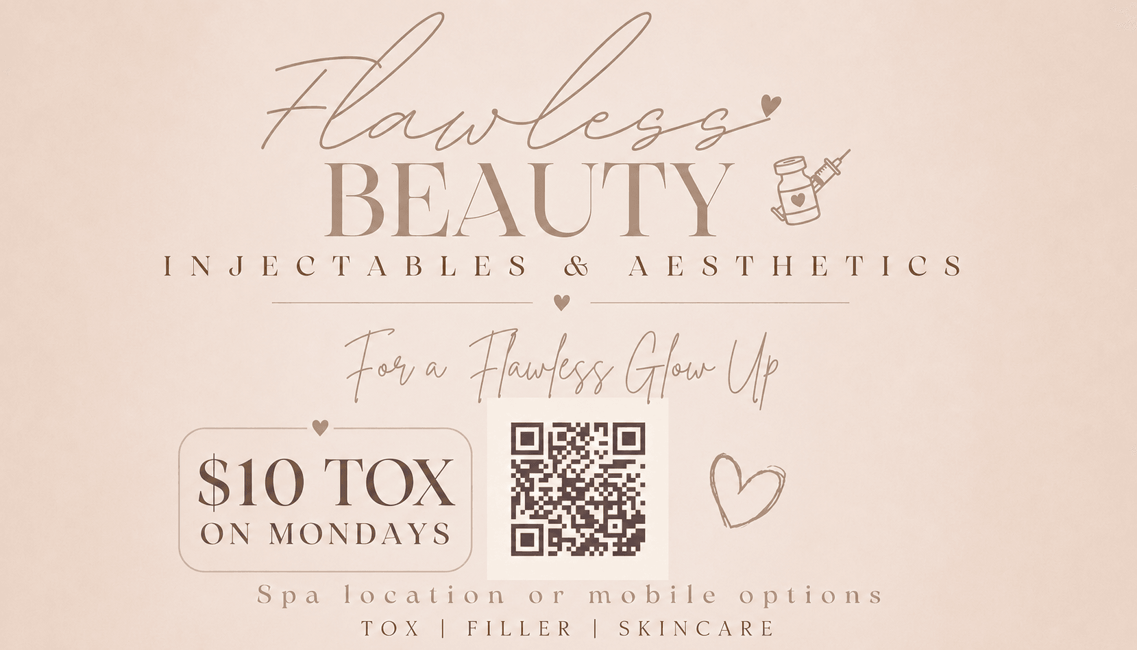 Text-based advertisement for beauty services, including a QR code, $10 tax on Mondays, and a heart symbol.