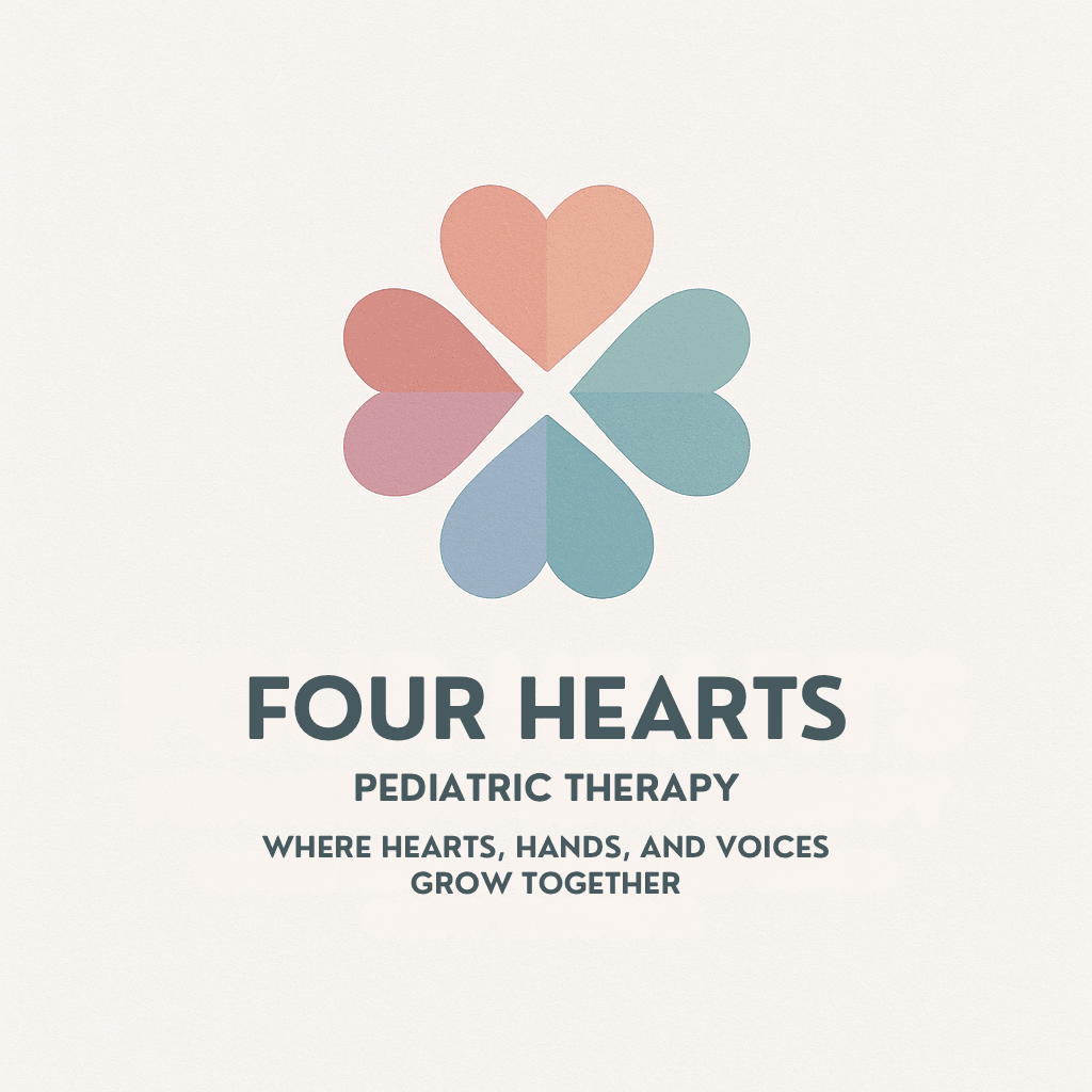 Four pastel-colored hearts arranged in a flower shape, with text about pediatric therapy and growth, on a white background.