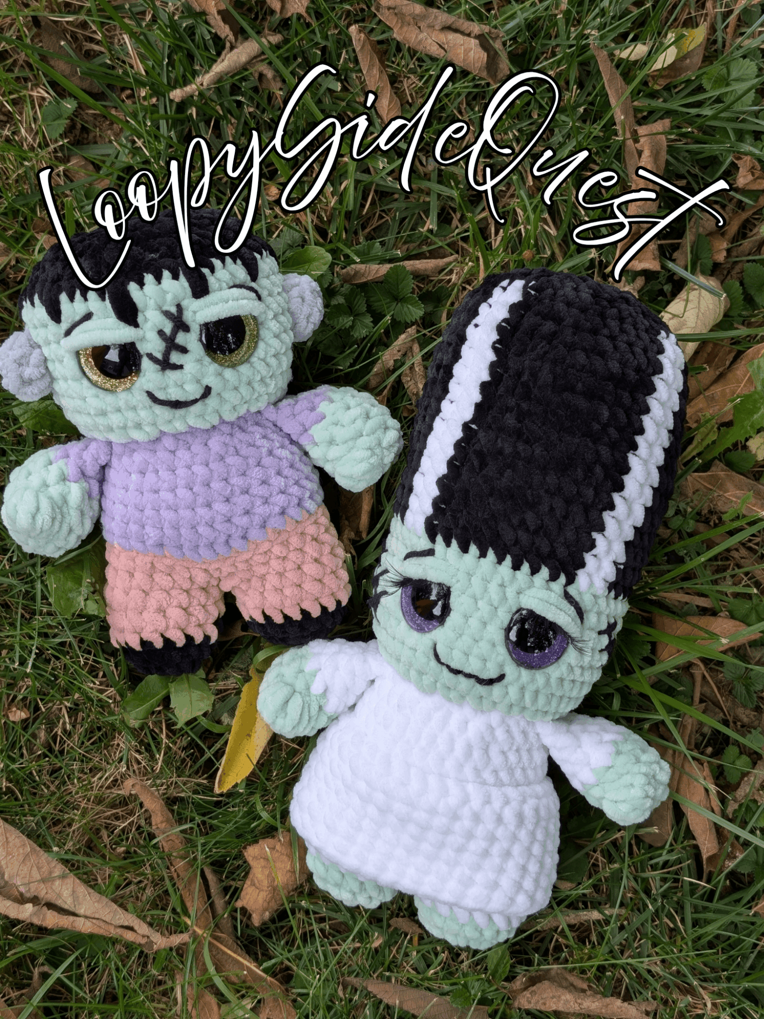Two crocheted plush toys with large eyes and clothing, lying on grass with leaves around them.