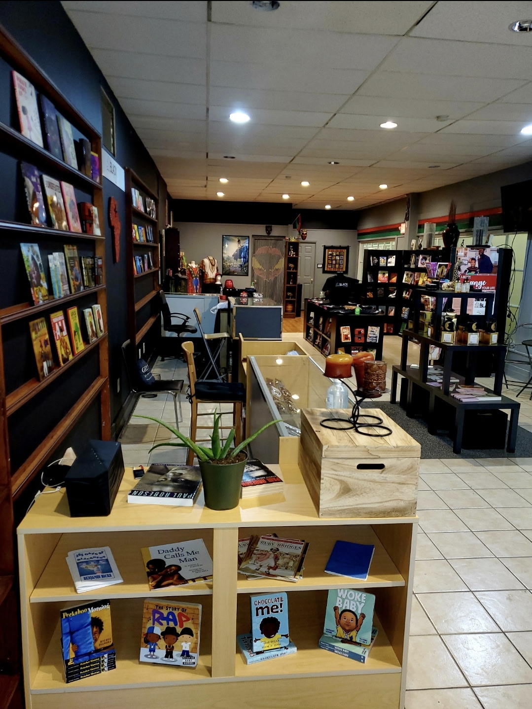 Bookshelves filled with books in a bookstore or library, with a display table and a potted plant in the foreground.