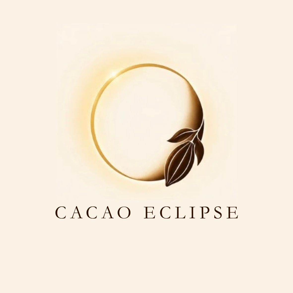 A circular design with a leaf, representing a cacao eclipse, with the text 'CACAO ECLIPSE' below.
