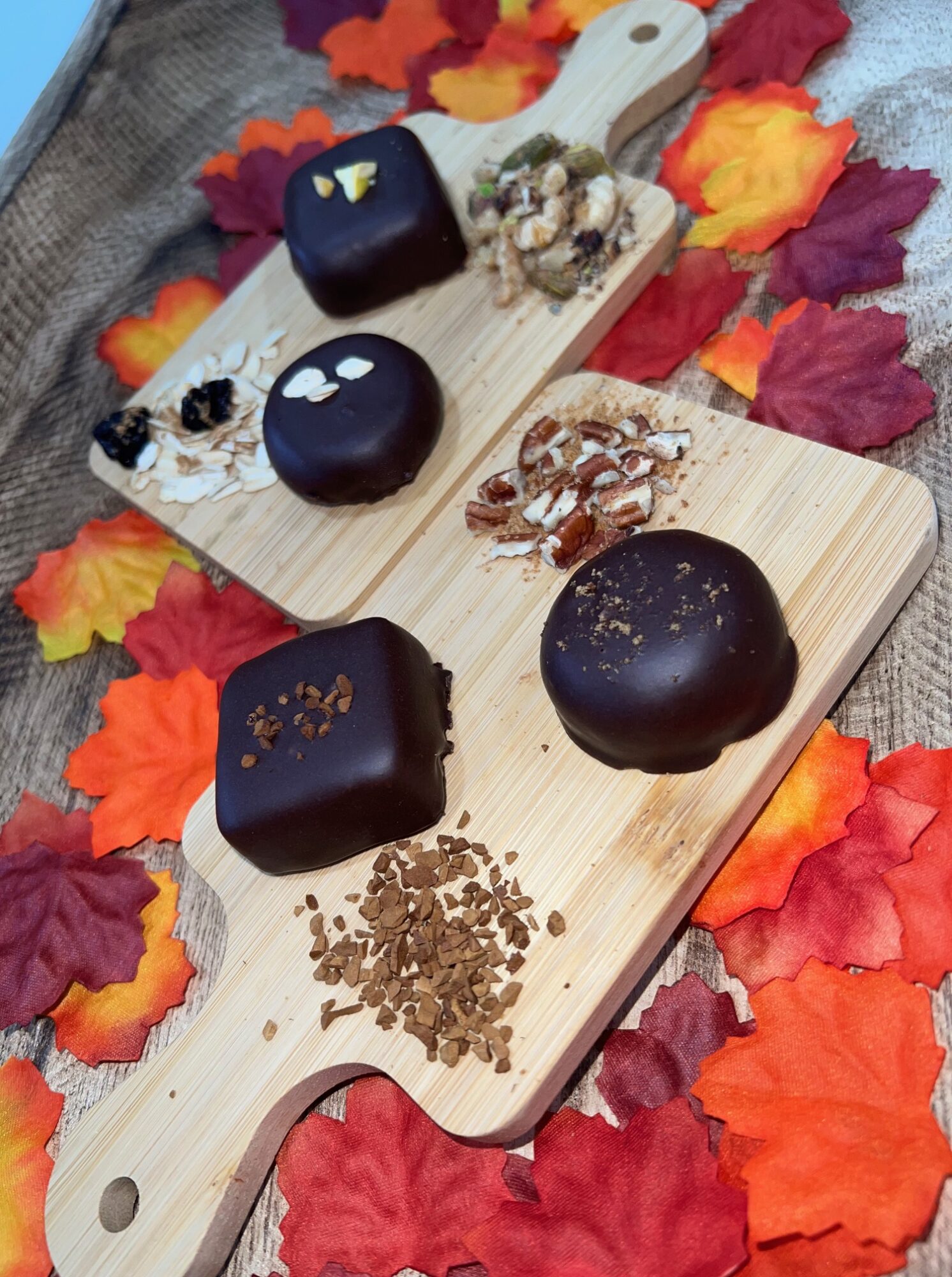 Black square objects with textured surfaces on a wooden board, surrounded by colorful autumn leaves, some with white and gray patterns.