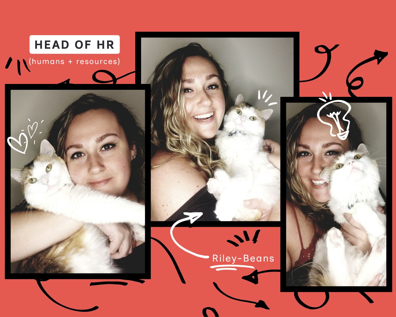 Three women holding cats, smiling, with doodles and text on a pink background. One woman has curly hair, others have straight hair.