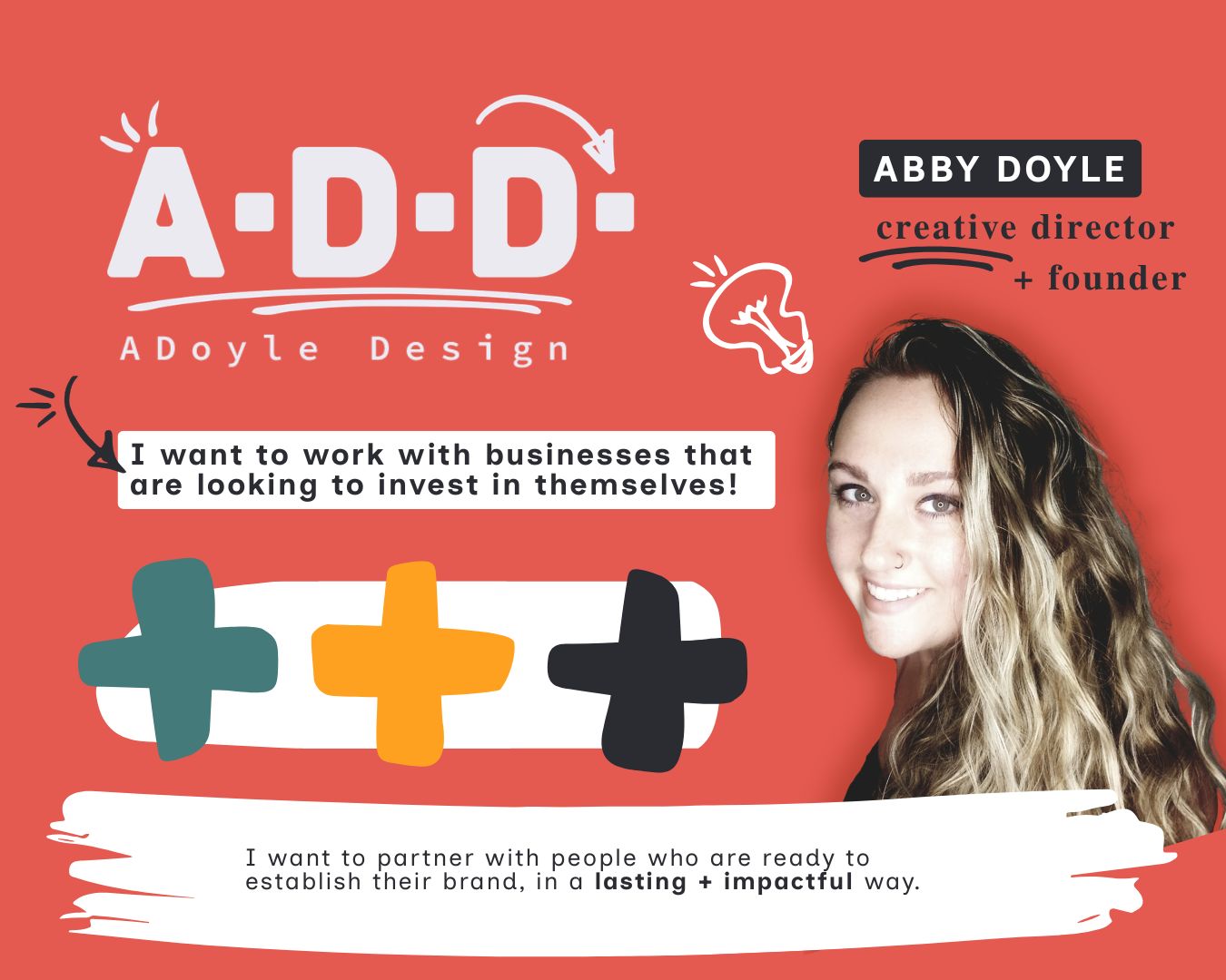 Business card with a woman smiling, colorful plus signs, and text about investment and branding, on a red background.