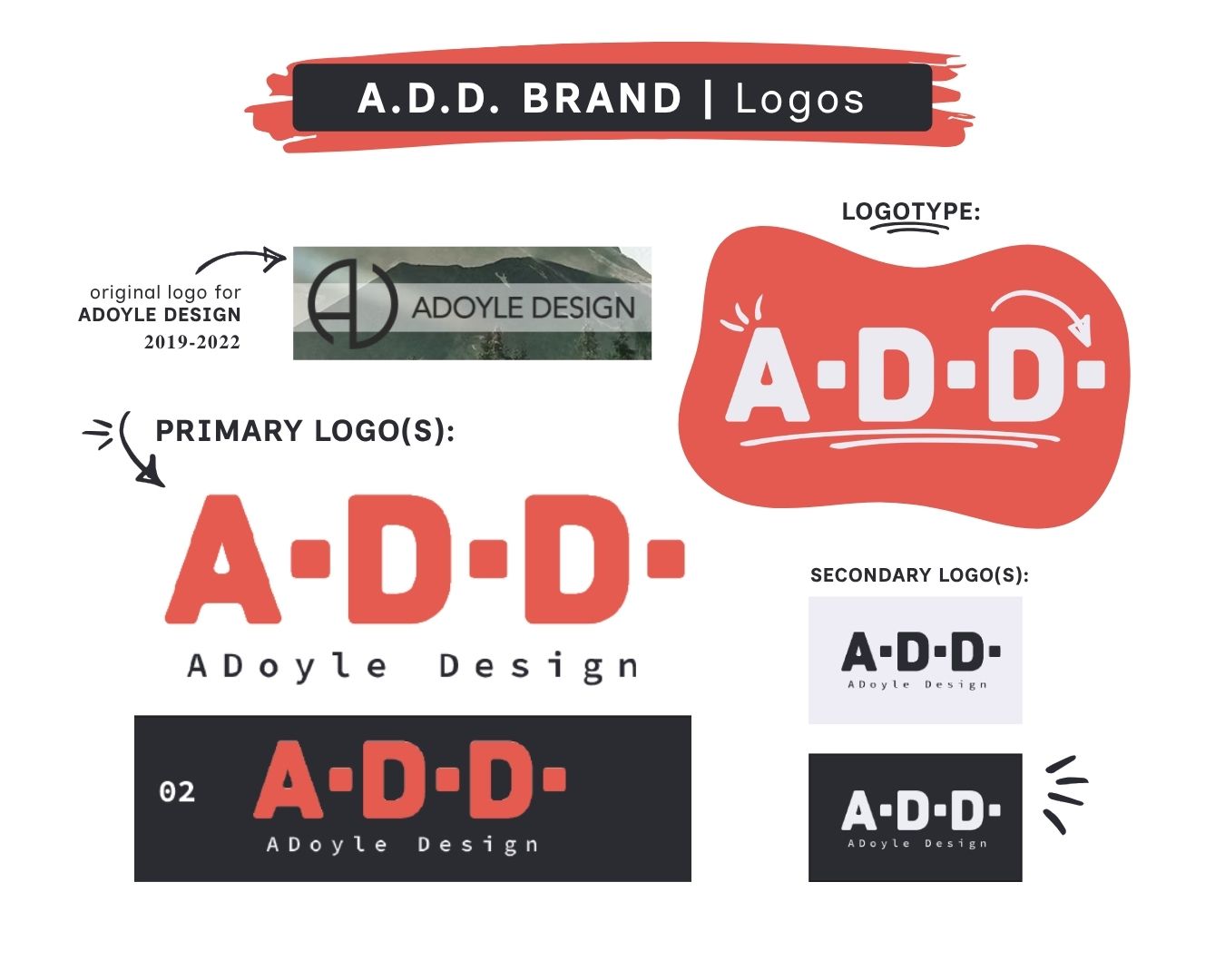 Designs of logos for A.D.D. Brand, including primary, secondary, and typographic logos, with color and style variations.