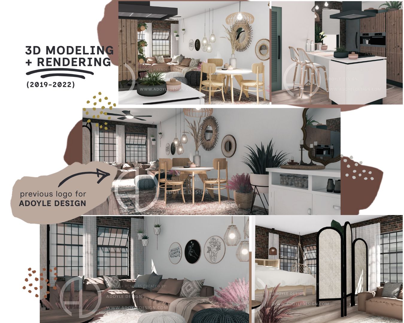 Collage of interior design images showing living rooms, dining areas, and bedrooms with modern decor and furniture.