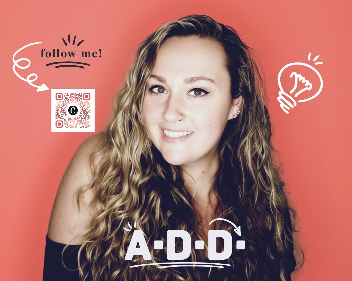 Young woman with long wavy hair smiling against a pink background, with social media icons and text. Word 'A.D.D' at bottom.