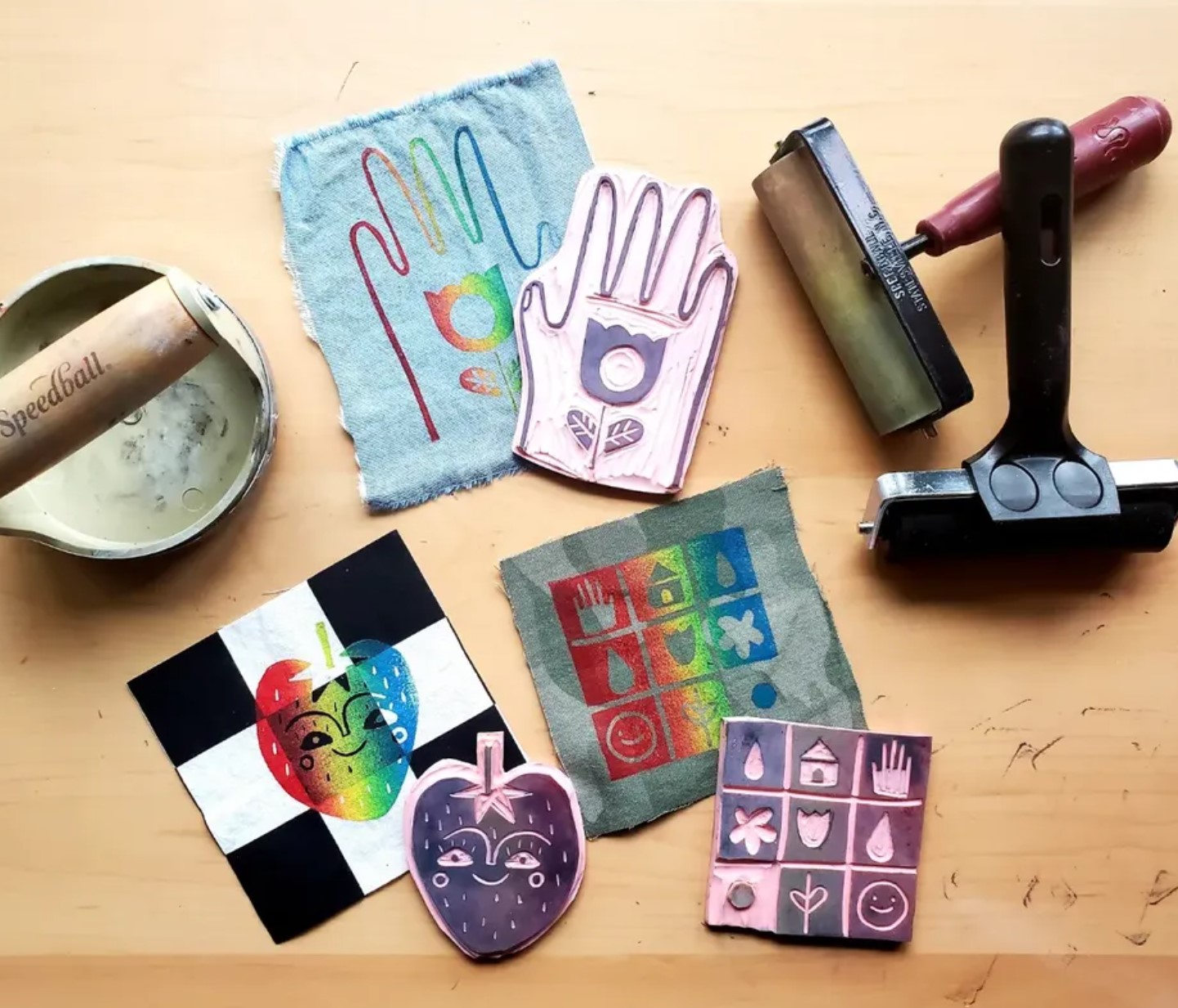 Assorted handmade crafts and stamps on a wooden surface, including paper handprints, a heart-shaped object, and colorful stamps.