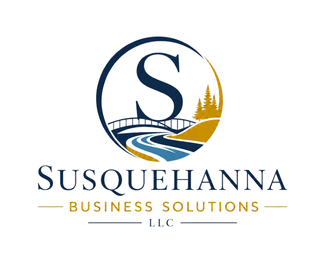 Logo with a large letter S, bridge, river, trees, and hills, with text 'Susquehanna Business Solutions LLC'.