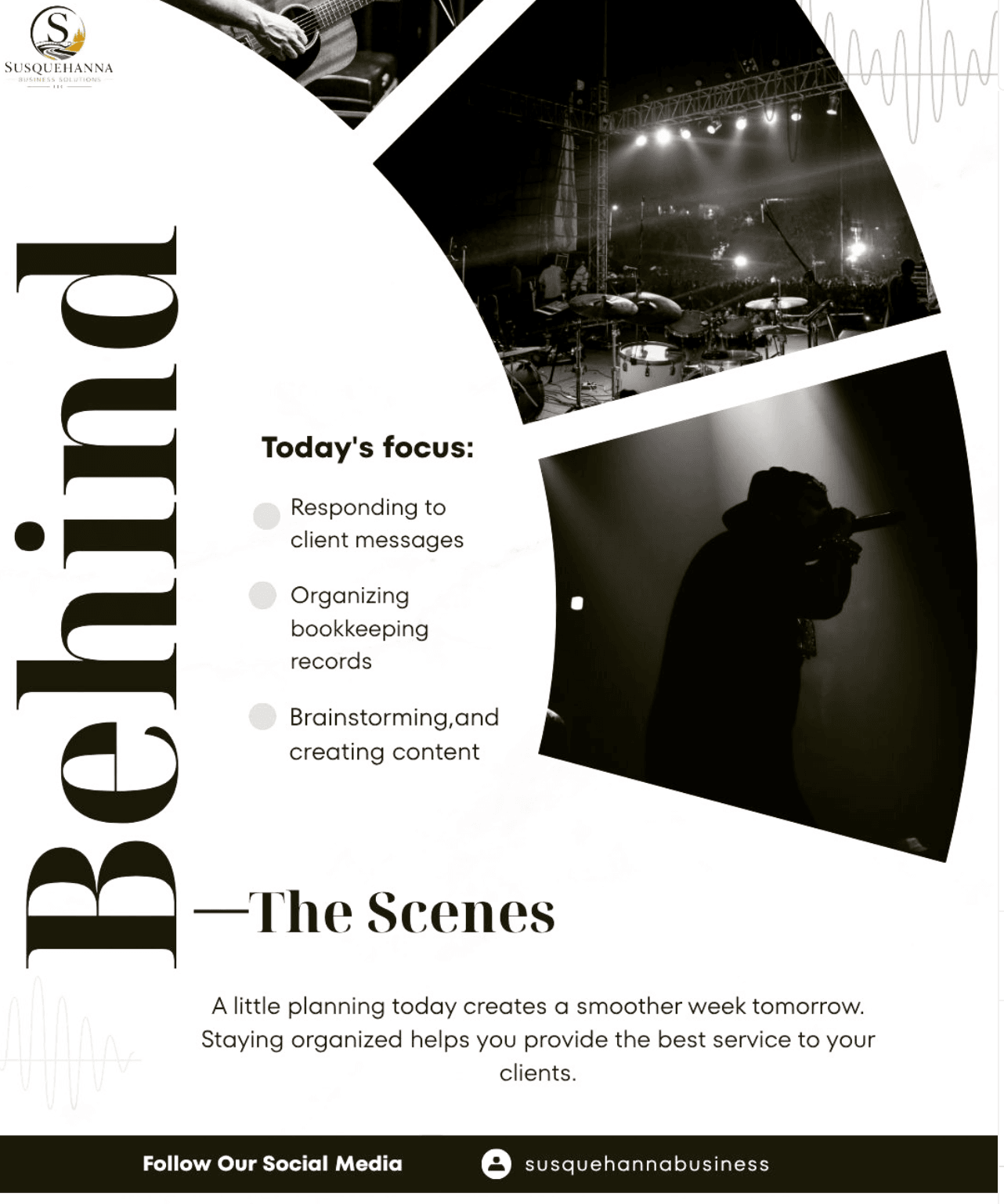A presentation slide with the title 'Behind the Scenes' and a focus on organizing and creating content, featuring images of a concert and a person taking photos.