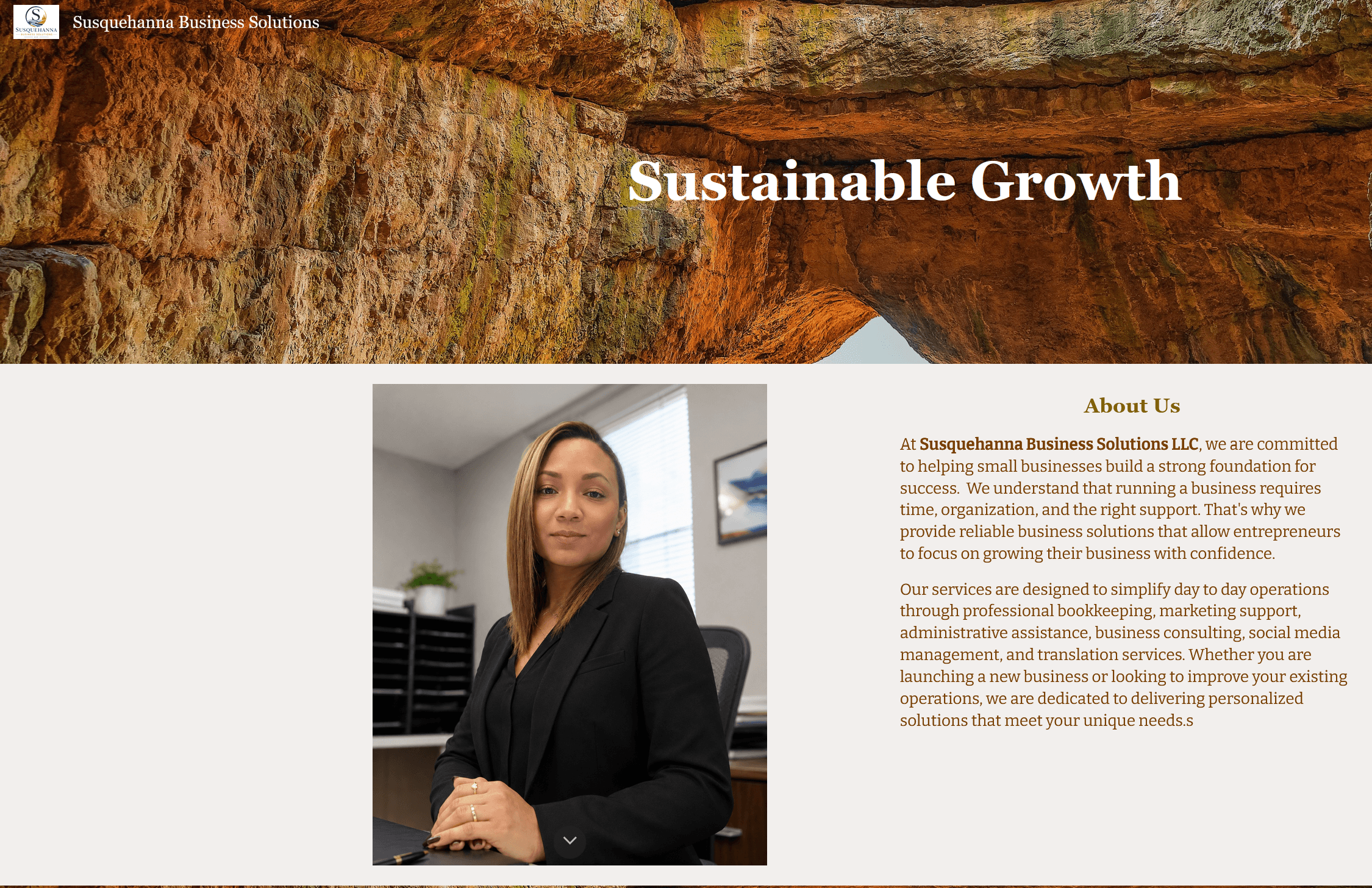 Sustainable growth webpage with a woman in a black blazer, rocks background, and about us section.