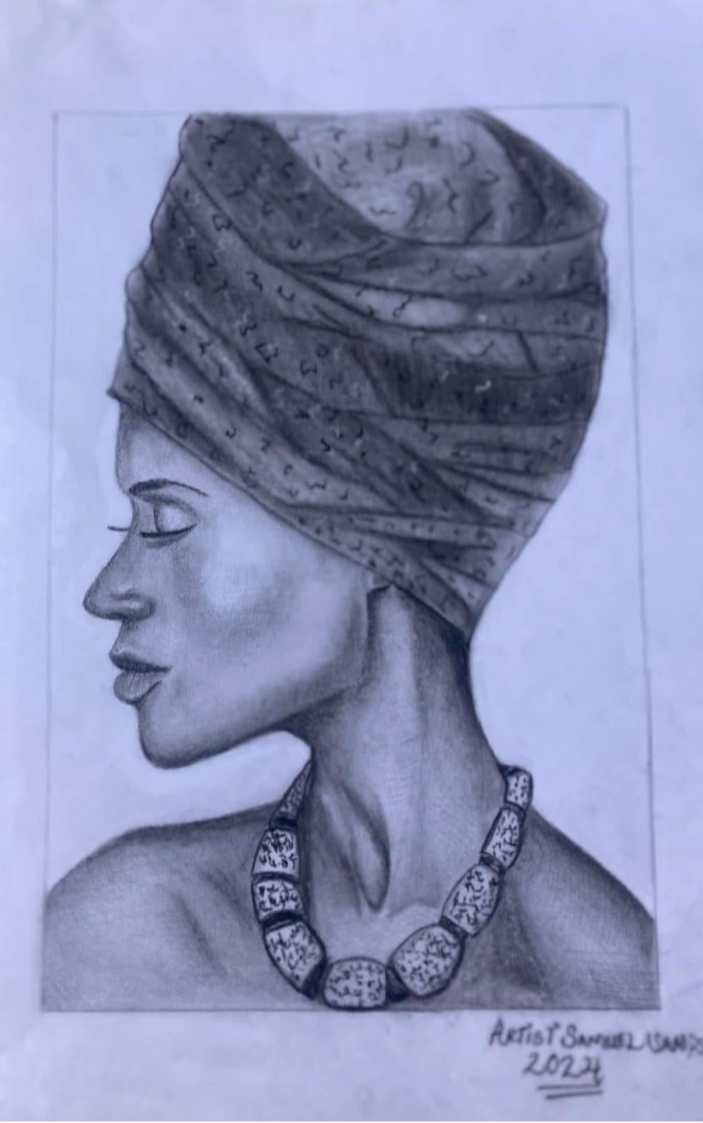Side profile of a woman wearing a headwrap and necklace, drawn in pencil with detailed shading.