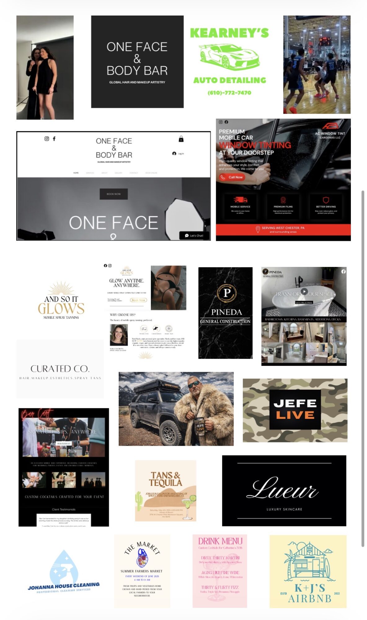 Collage of various advertisements, logos, and images including cars, people, and products, arranged in a grid layout.