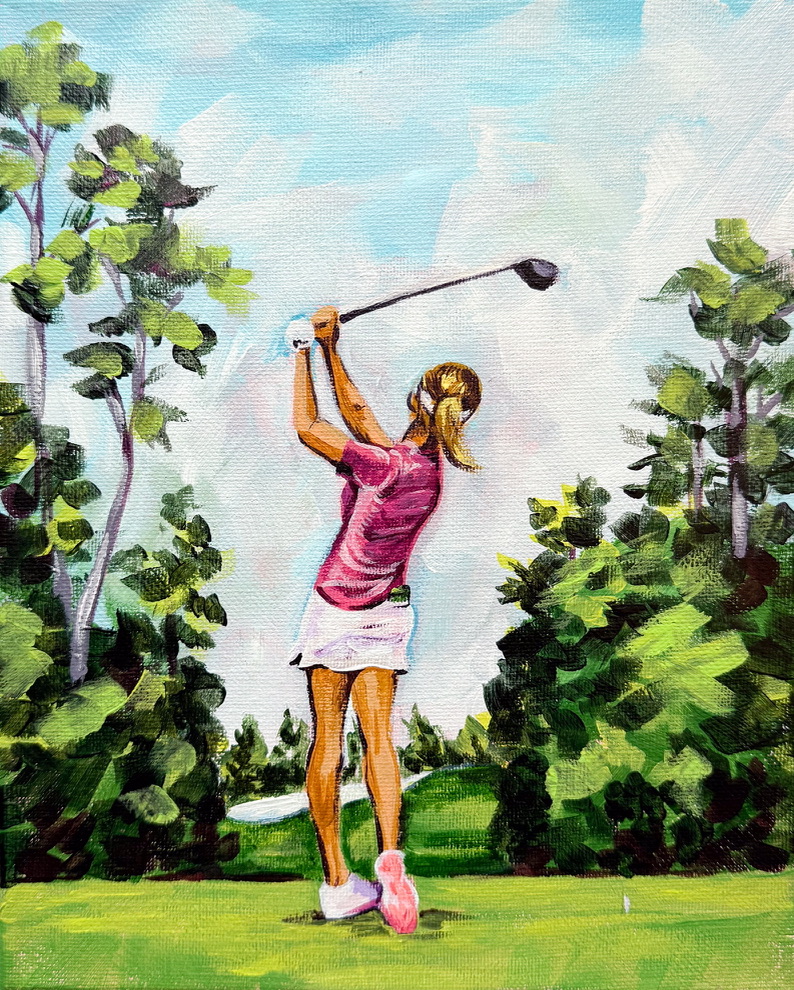 A woman in pink and white golf attire swings a golf club on a lush green course with trees and blue sky.
