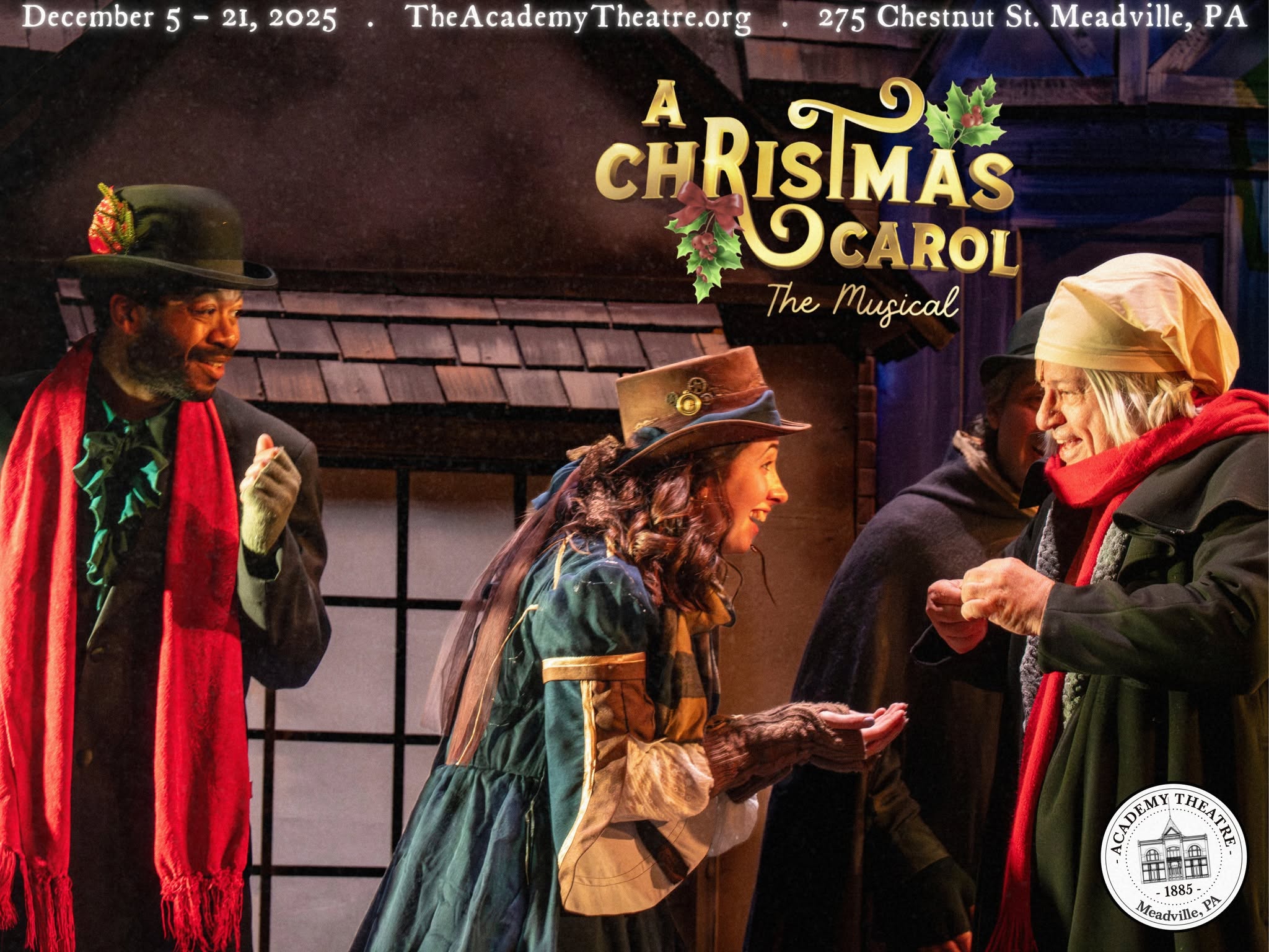Four actors in costume perform on stage for a Christmas Carol musical, with a building backdrop and event details at top.
