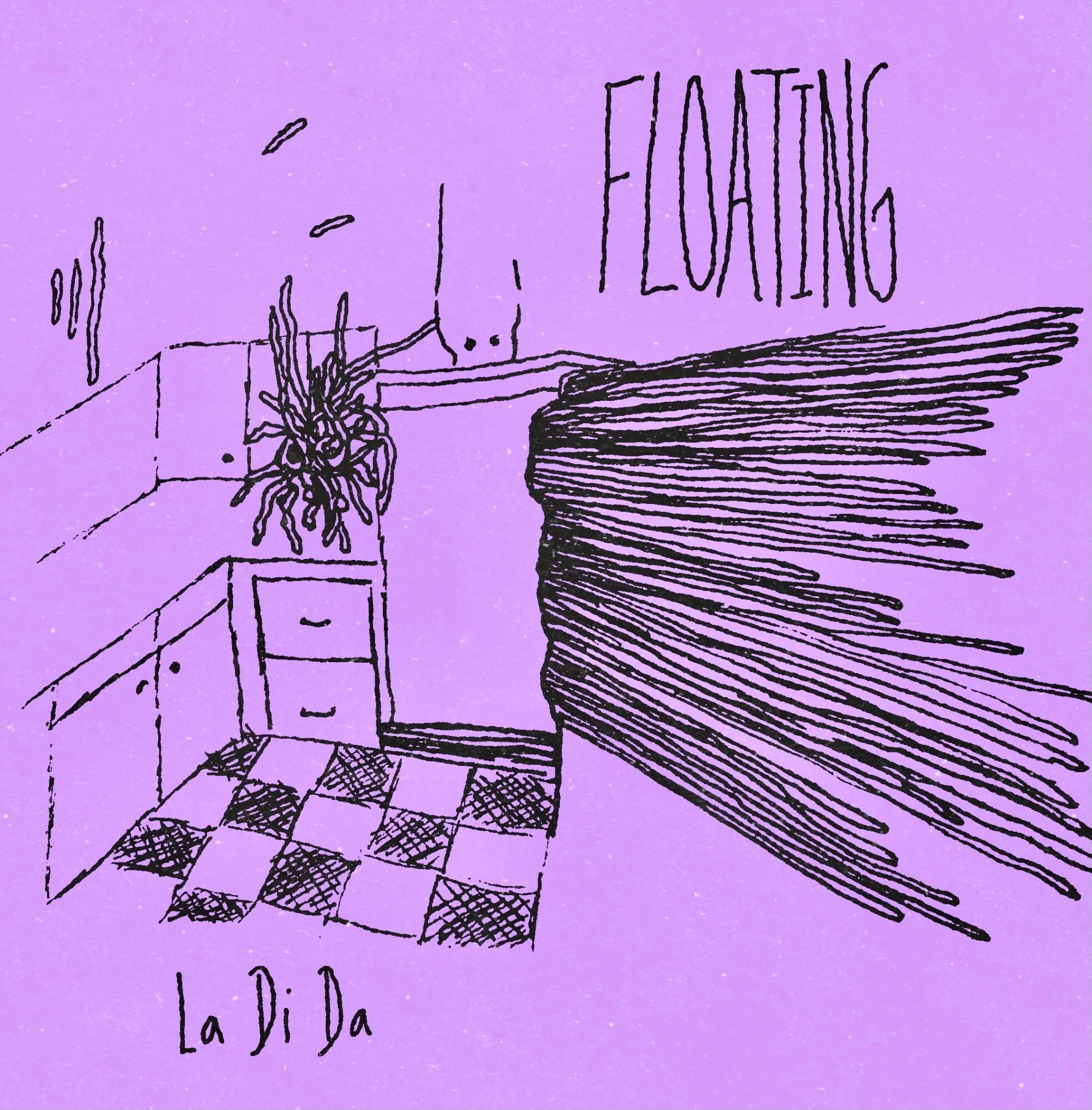 Sketch of a room with a floating stack of papers, a plant, and a checkered floor, with the word 'FLOATING' written above.