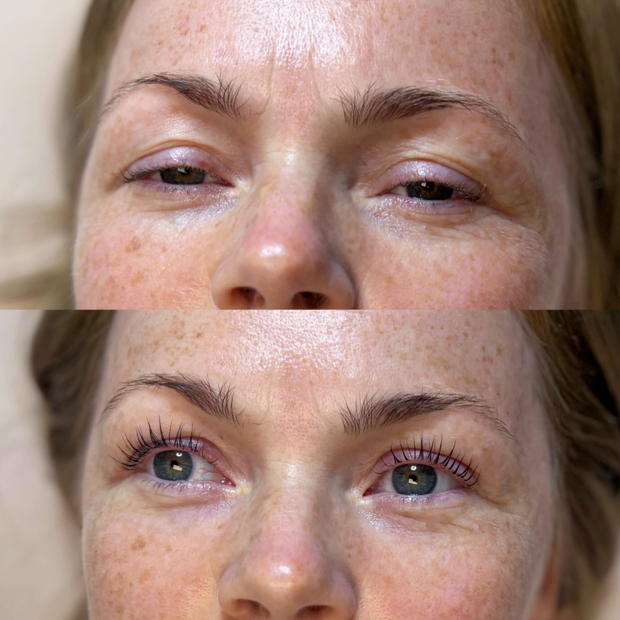 Close-up of a woman's face showing before and after makeup application, focusing on eye area, with visible freckles and skin texture.