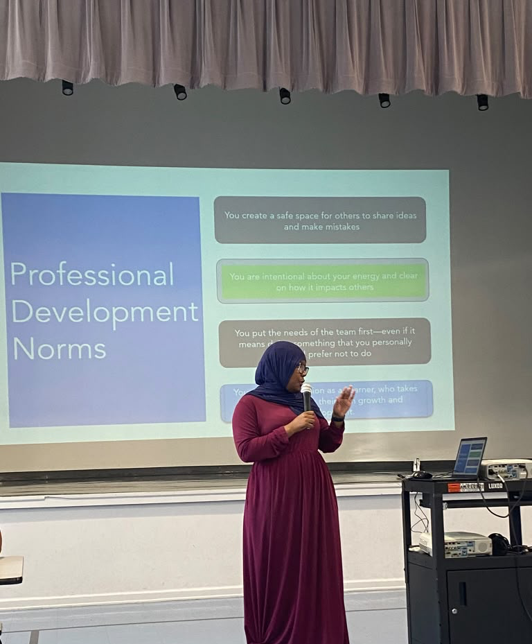 A woman in a purple dress and headscarf stands in front of a presentation slide titled 'Professional Development Norms' in a classroom or conference room.