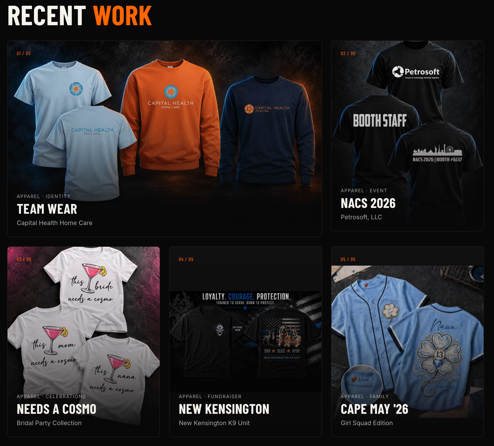 Display of recent work including team wear, booth staff, needs a cosmo, new Kensington, and Cape May '26 clothing items.
