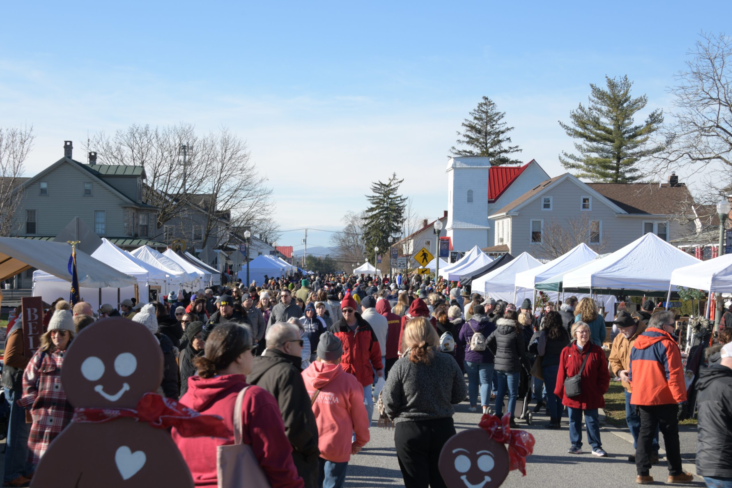 Crowd of people at outdoor market with tents, trees, and buildings in background, sunny day.