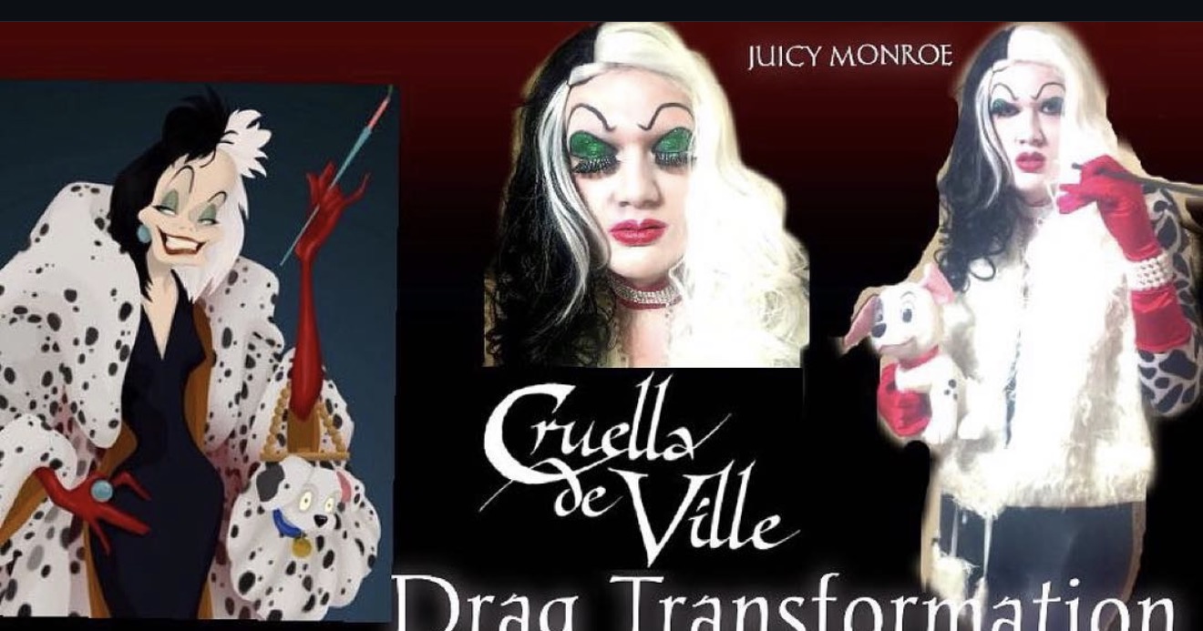Three images of drag performers, one with a Dalmatian costume, one with platinum blonde hair, and one with dark hair and red gloves.