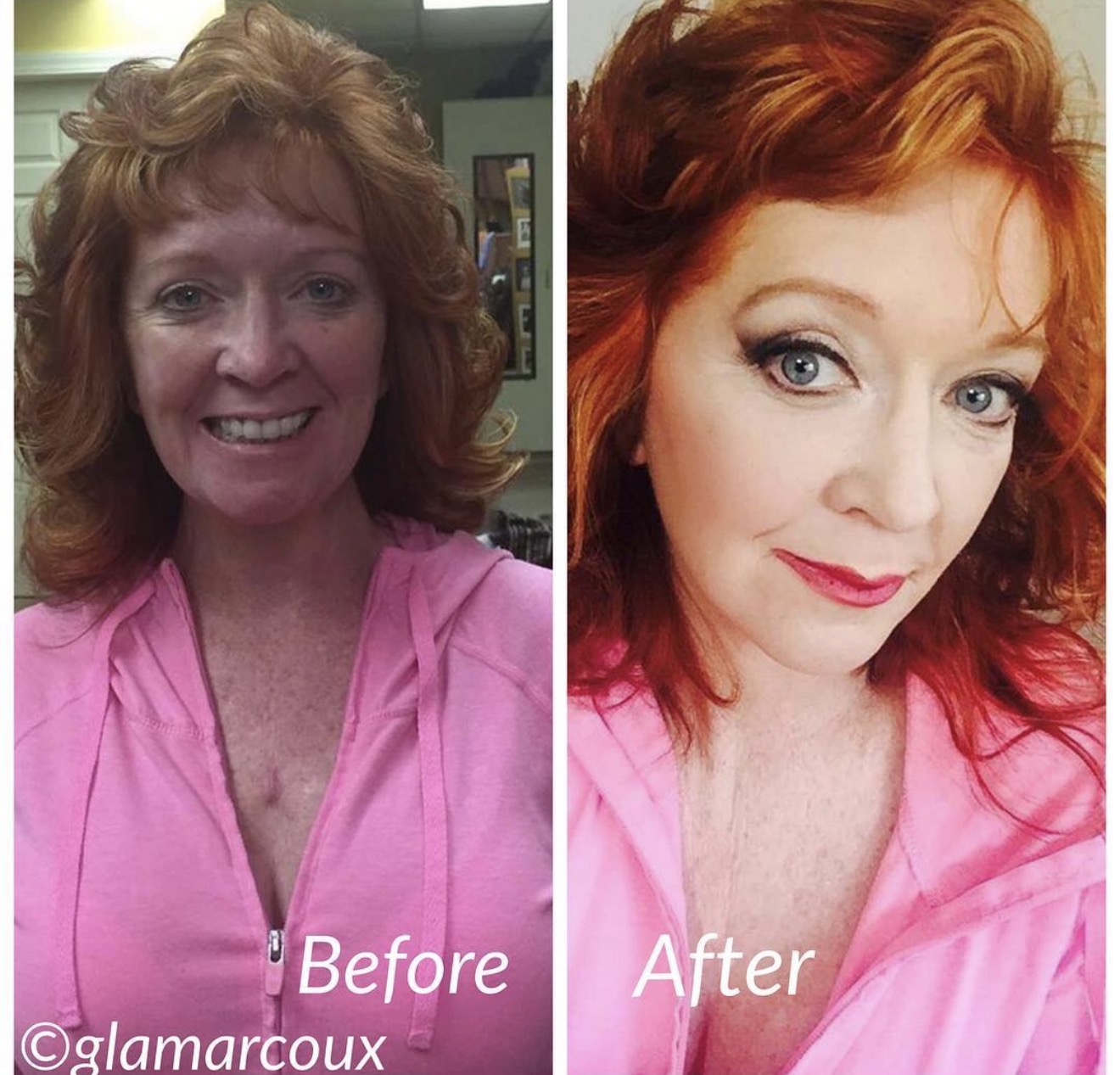 Side-by-side images of a woman before and after a makeover, smiling in the first and with makeup in the second.