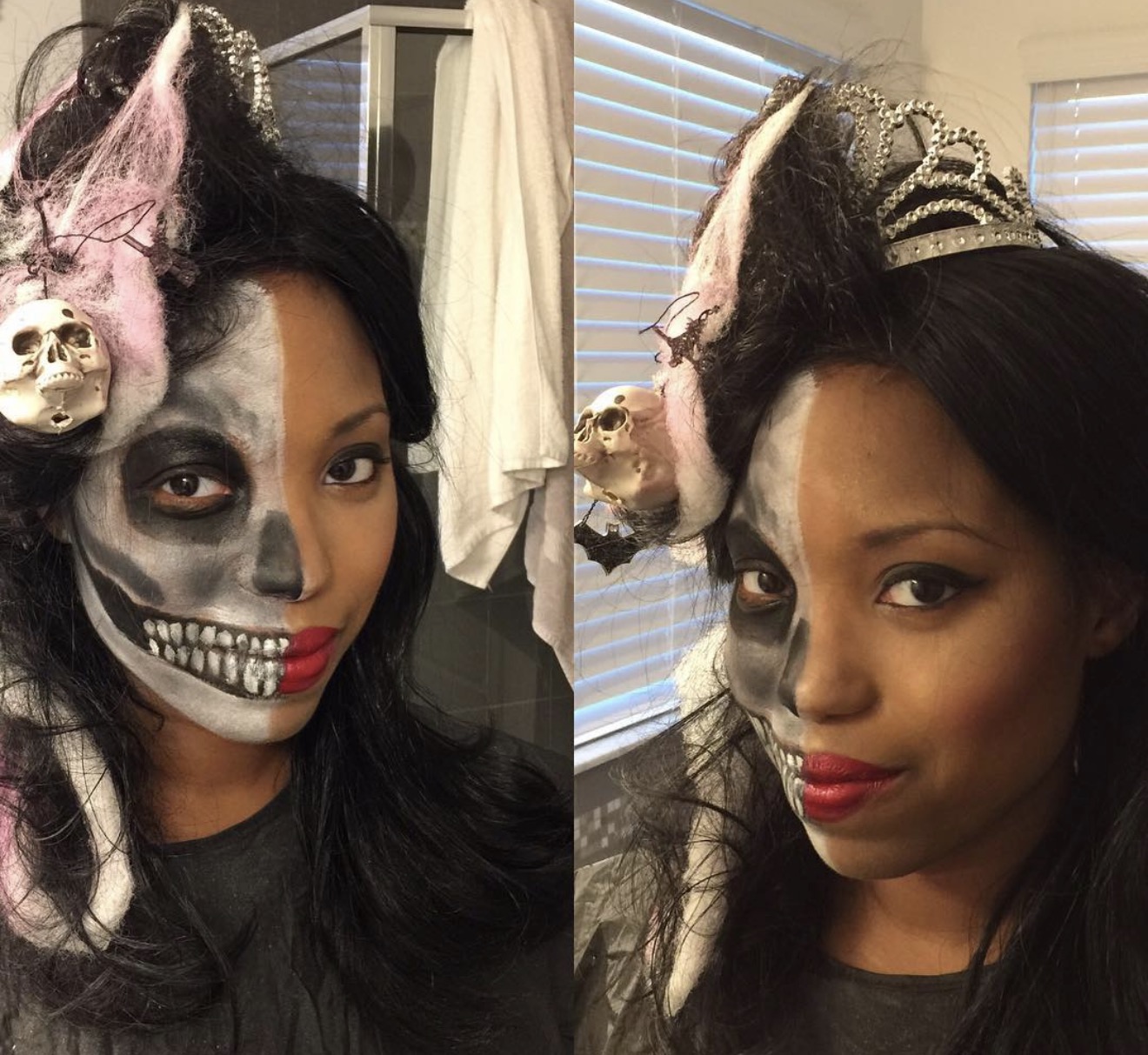 Two women with skull face paint and animal ears, wearing tiaras, indoors with blinds and curtains in the background.